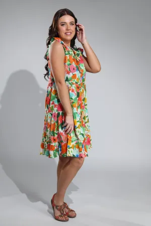 Commute Ease Colourful Cotton Blend Dress | Orange Green Garden | 6513A1