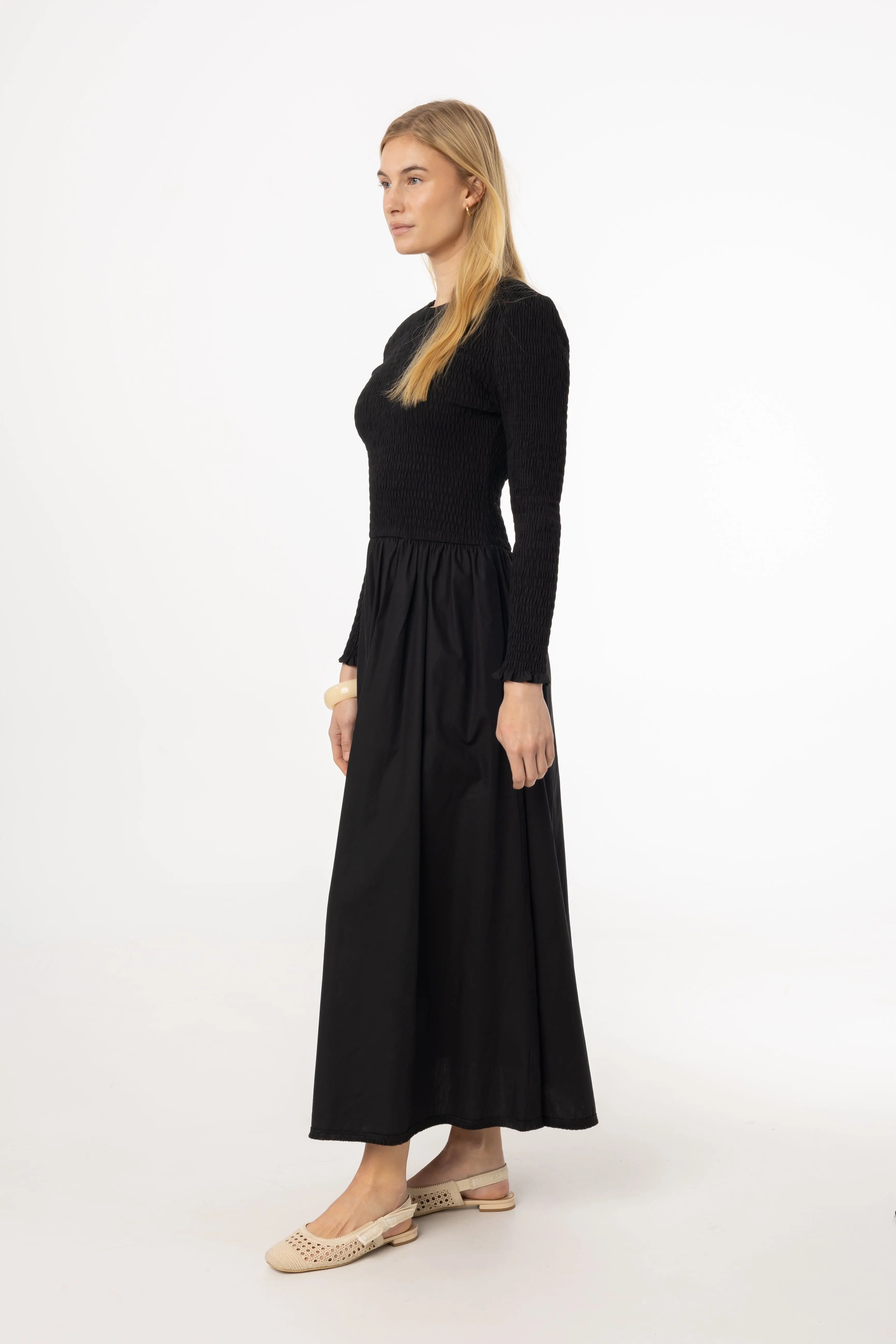 StretchFree Boss Vibe Black Smocked Cotton Maxi Dress
