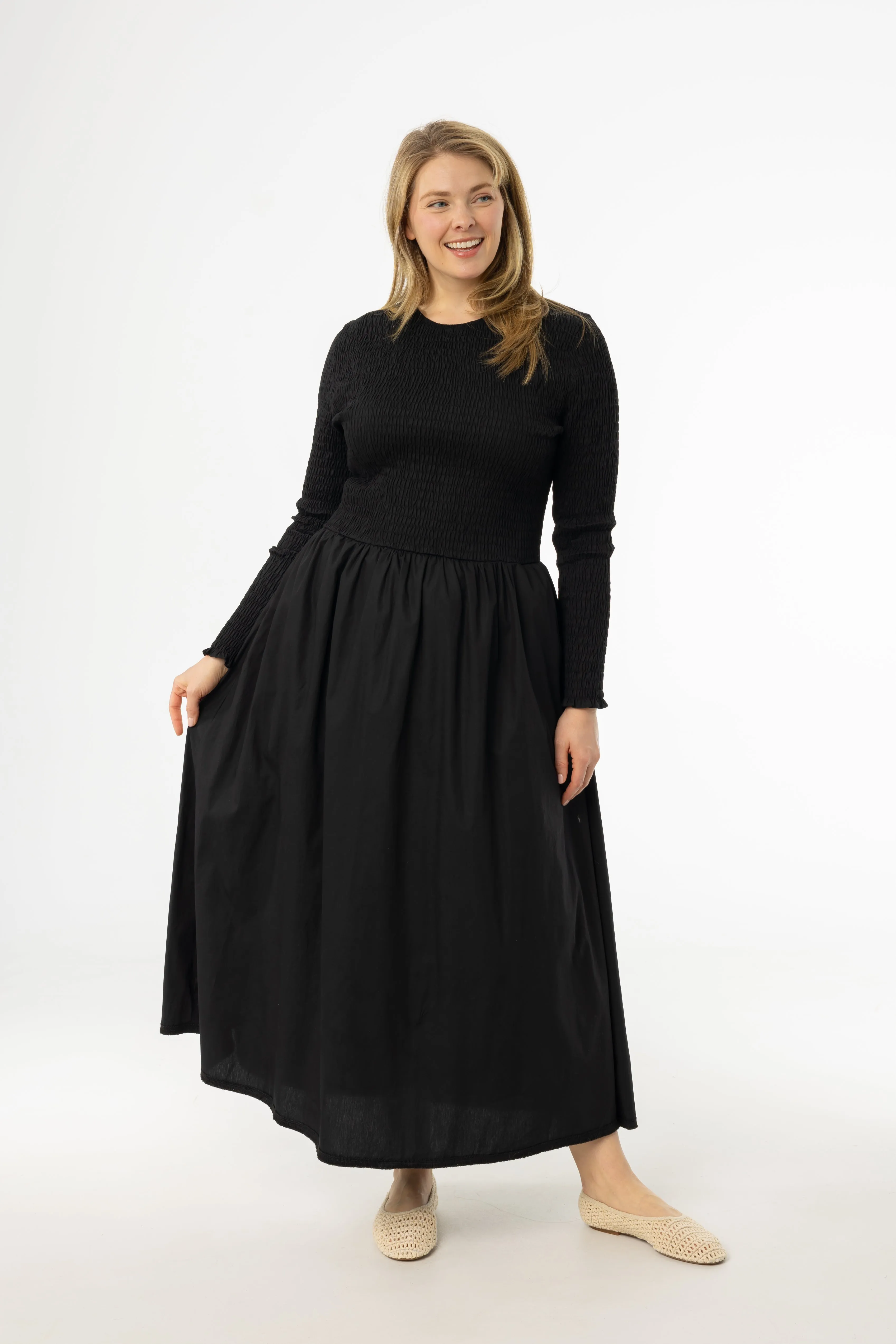 Black Smocked Cotton Maxi Dress UVProtectionFinish Versatile Fashion