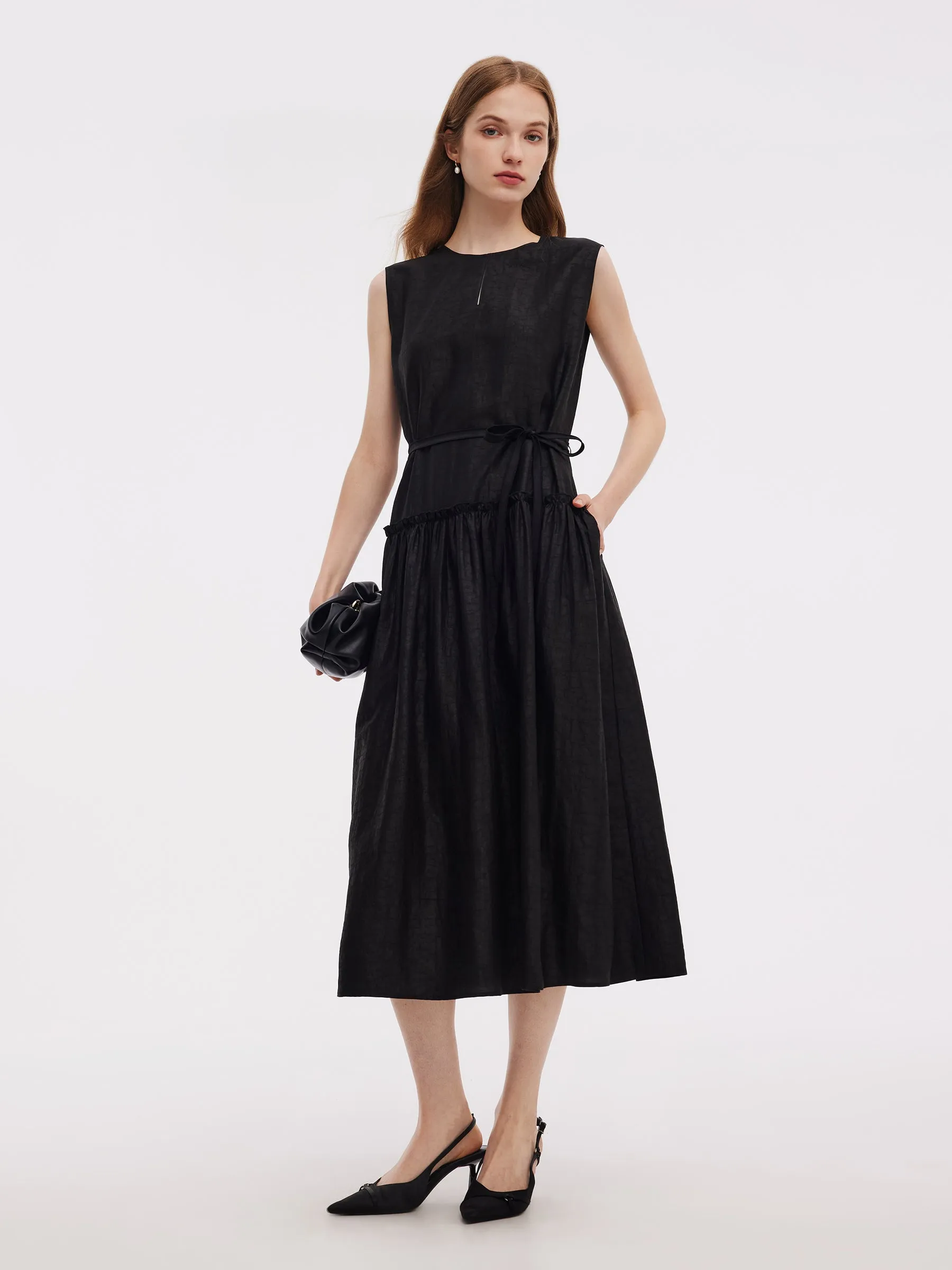 18MM Xiang Yun Silk Sleeveless Women Self-Tie Belt Maxi Dress Wind Ease FadeResistantColors