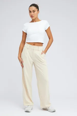 Beige Wide Leg Pants High Rise Daywear Transitional Style