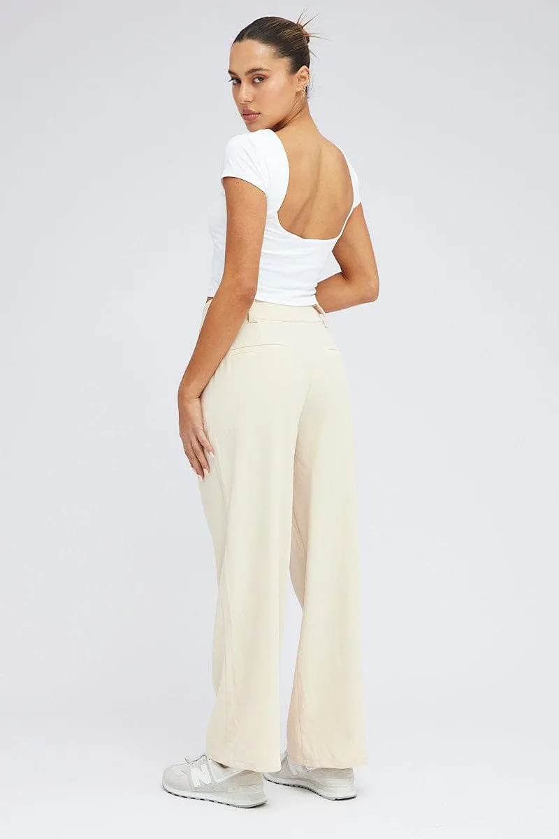 Stretchy Material Beige Wide Leg Pants High Rise