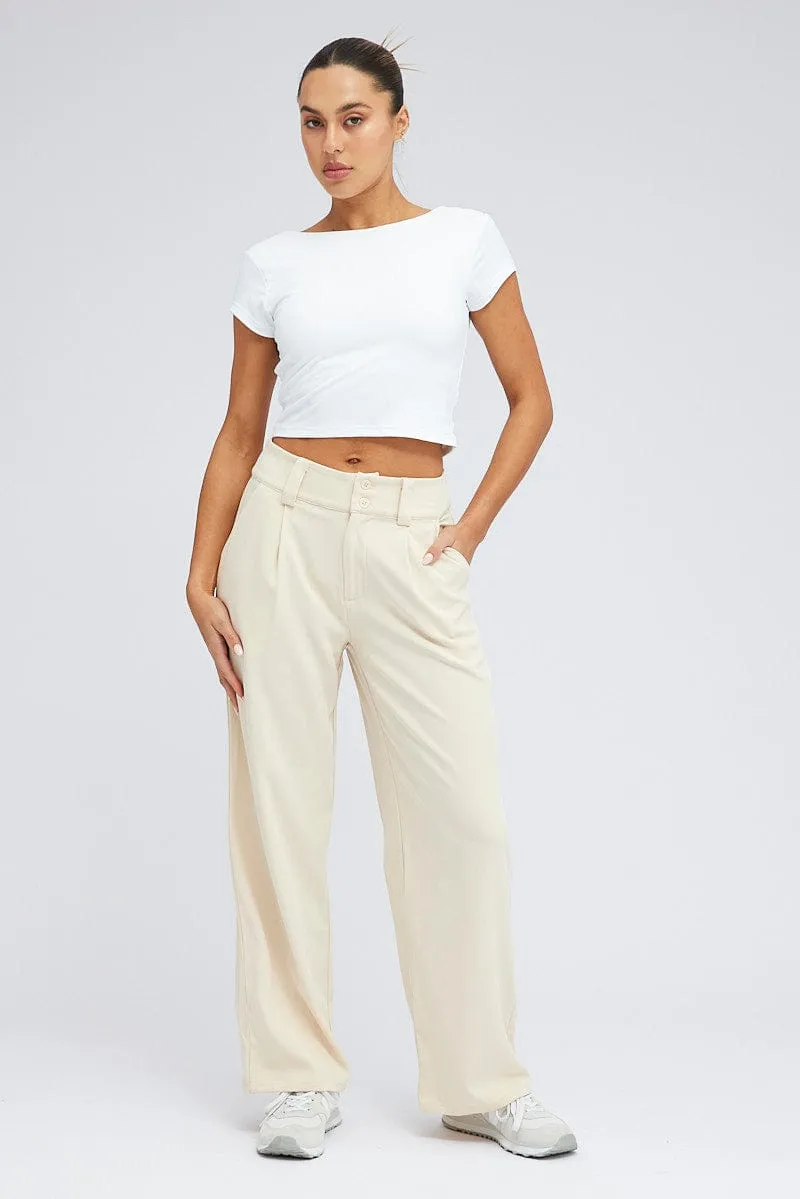 Beige Wide Leg Pants High Rise Daywear Transitional Style