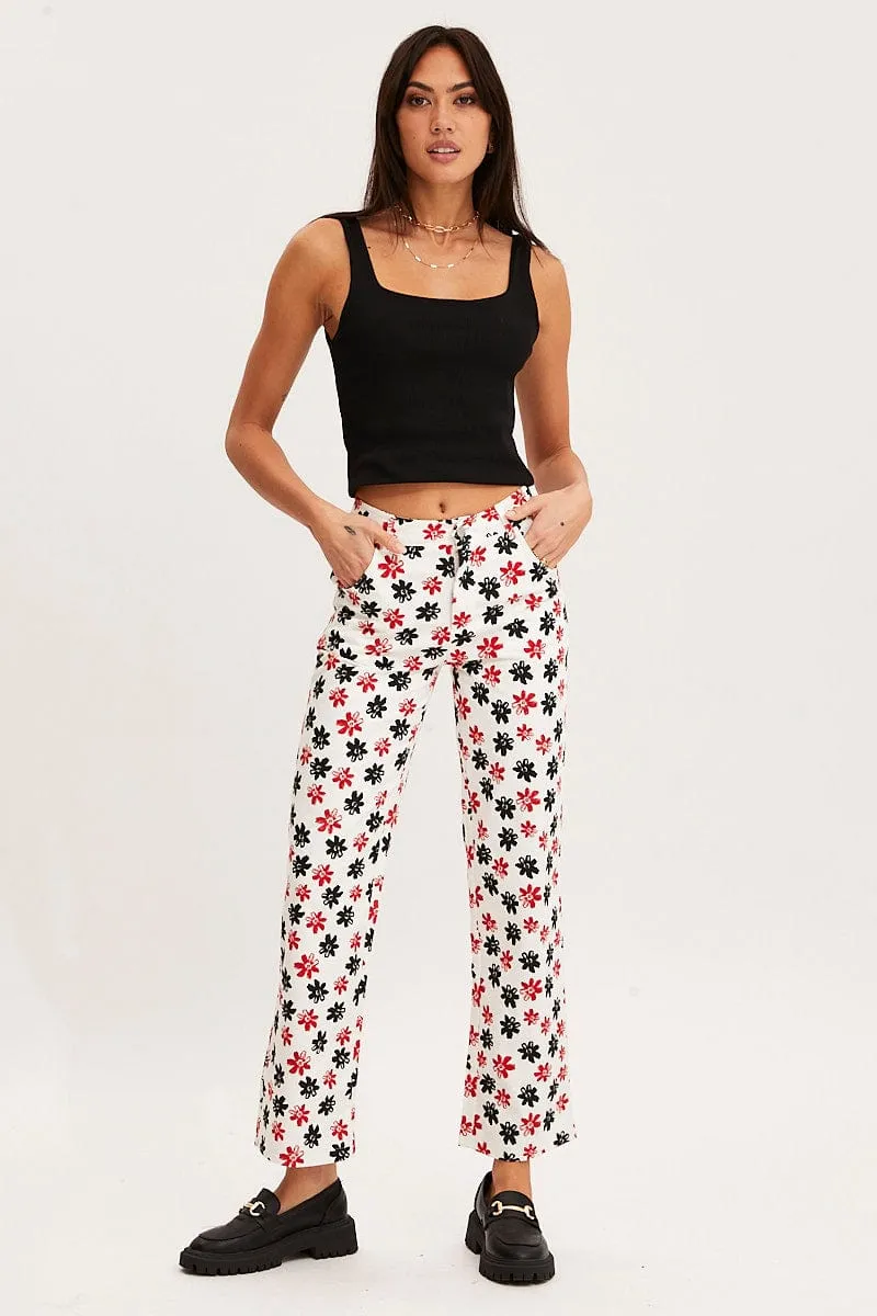 Print Slim Pants High Rise Organic Cotton Blend