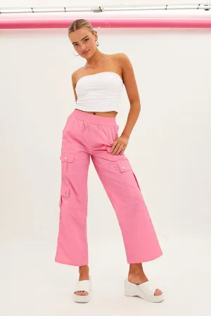 Pink Elastic Waist High Rise Wide Leg Cargo Pants Easy Care Simple Comfort Wear