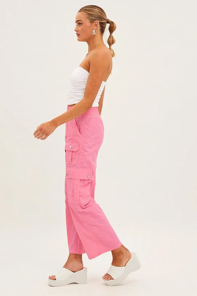 Pink Elastic Waist High Rise Wide Leg Cargo Pants Barrel Waist