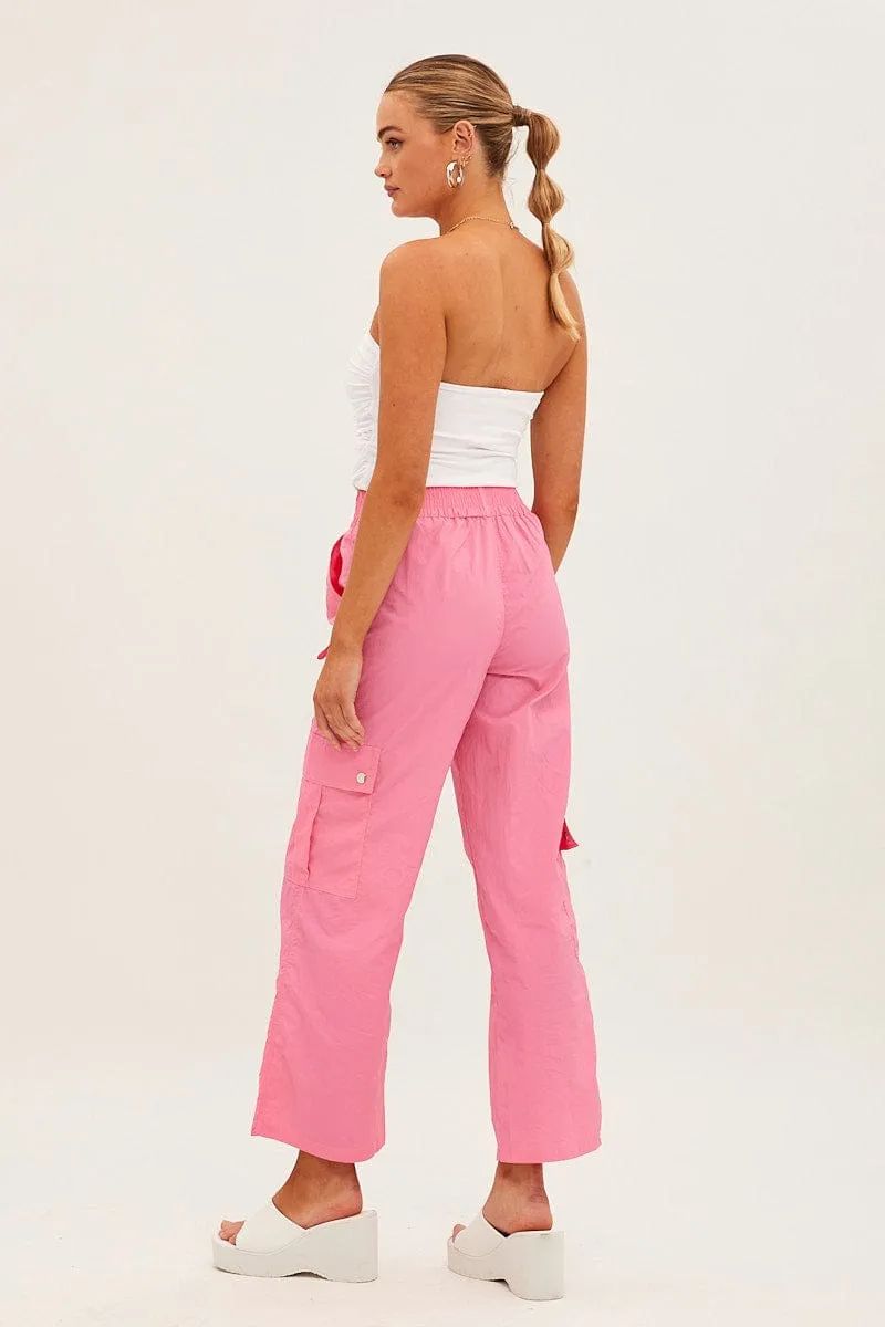 Pink Elastic Waist High Rise Wide Leg Cargo Pants UVProtection