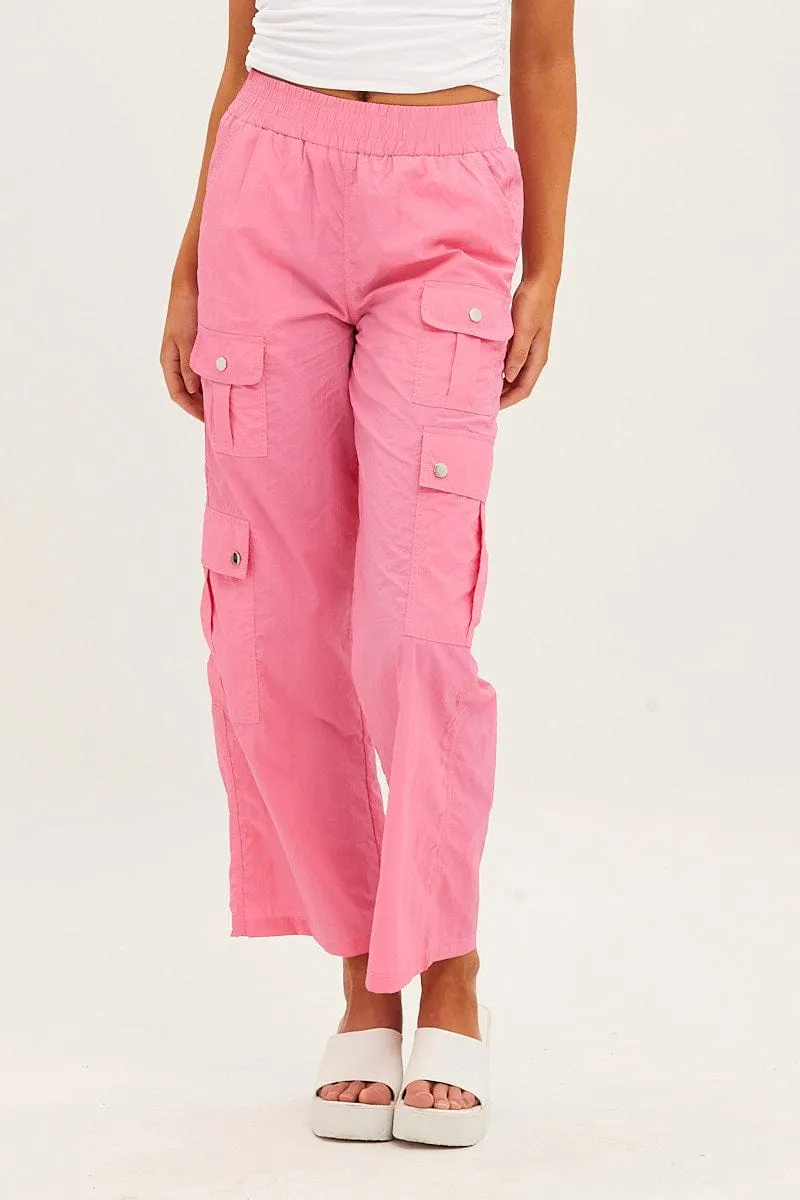 Tagless Design Sporty Comfort Pink Elastic Waist High Rise Wide Leg Cargo Pants