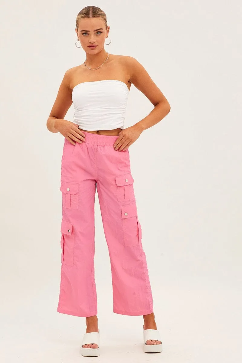 Bootcut shape Pink Elastic Waist High Rise Wide Leg Cargo Pants