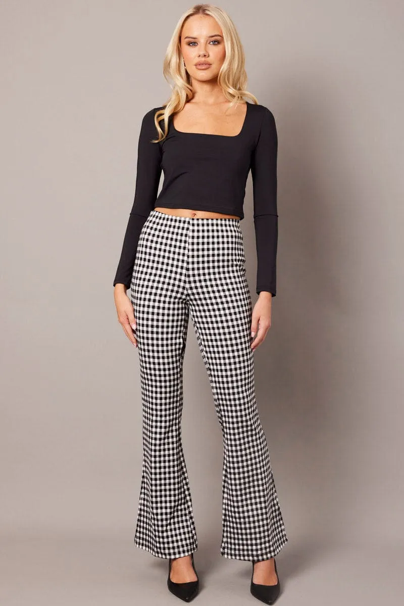 Sporty Cut Black Check Flare Leg Pants High Rise