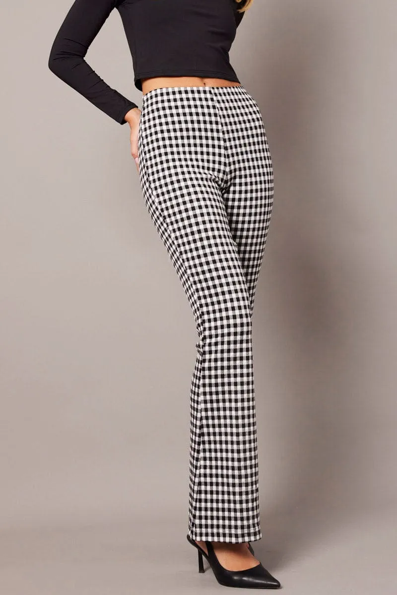 Black Check Flare Leg Pants High Rise BreathableFabric