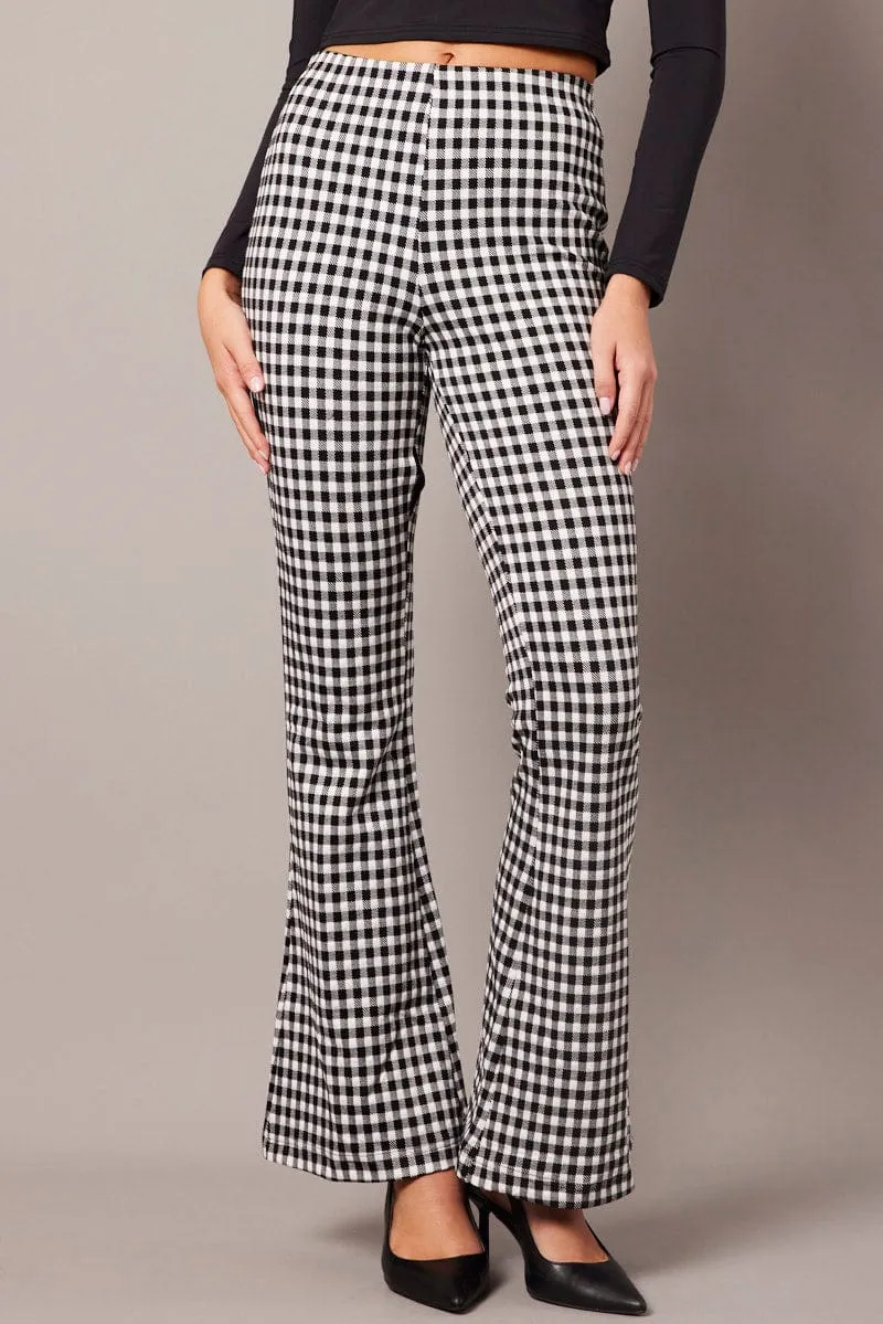 Eco Friendly Dye Black Check Flare Leg Pants High Rise