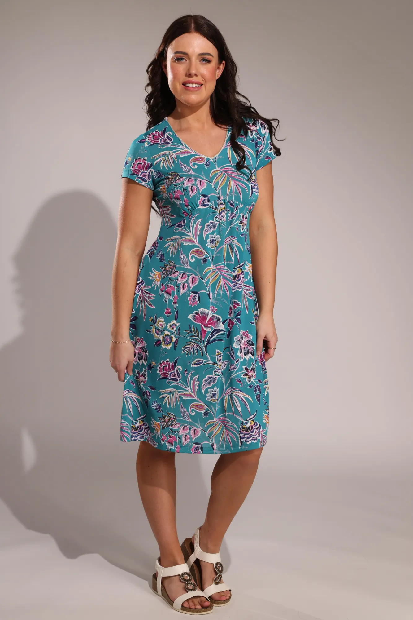 Curved waist printed Slinky Dress | Jade Pink Garden Puff | 7423A1 WindproofInterior ElasticFree
