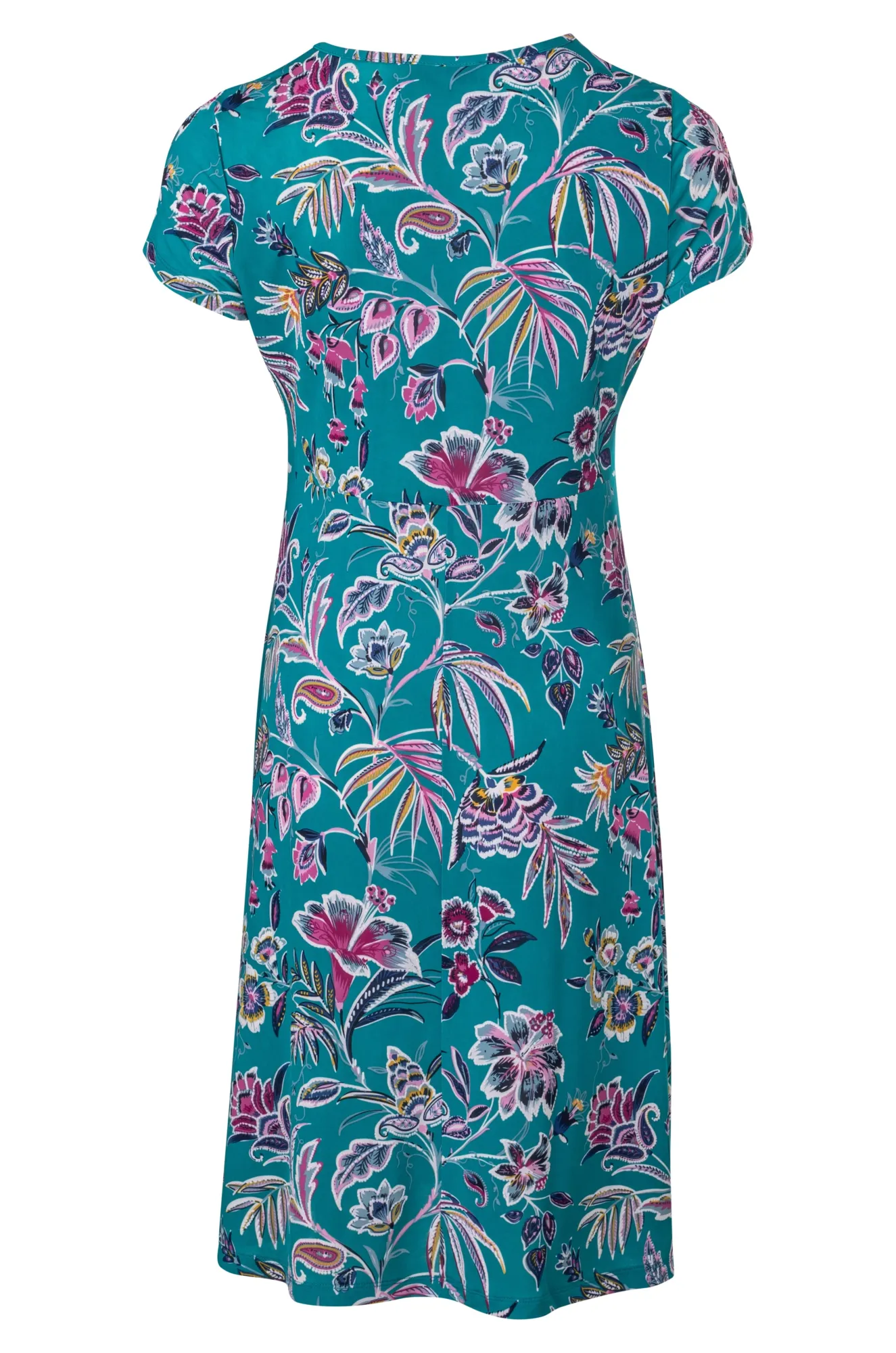 Luxury Touch Open Heart Curved waist printed Slinky Dress | Jade Pink Garden Puff | 7423A1