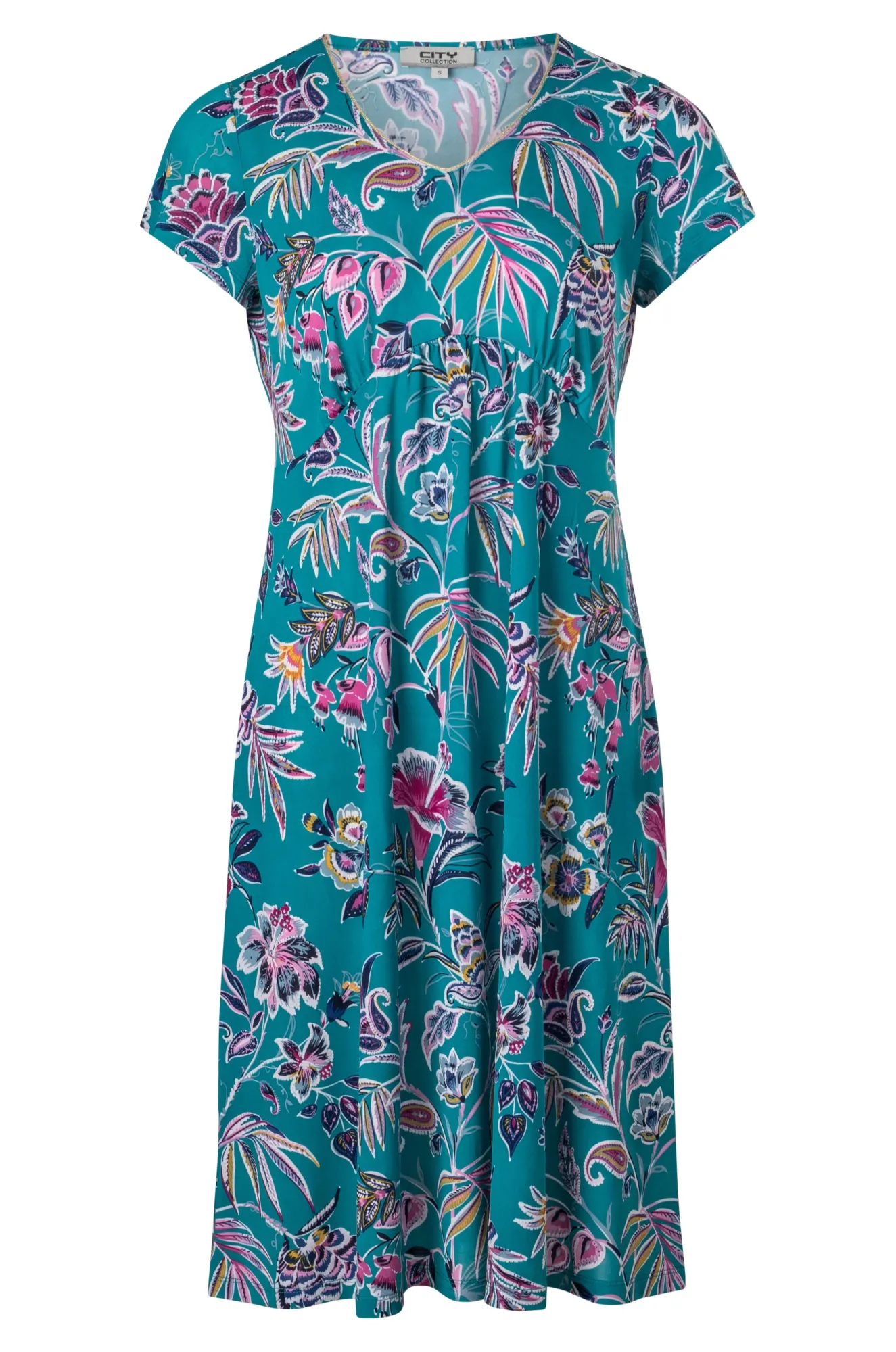 Curved waist printed Slinky Dress | Jade Pink Garden Puff | 7423A1 NonRestrictiveCut Faith Core