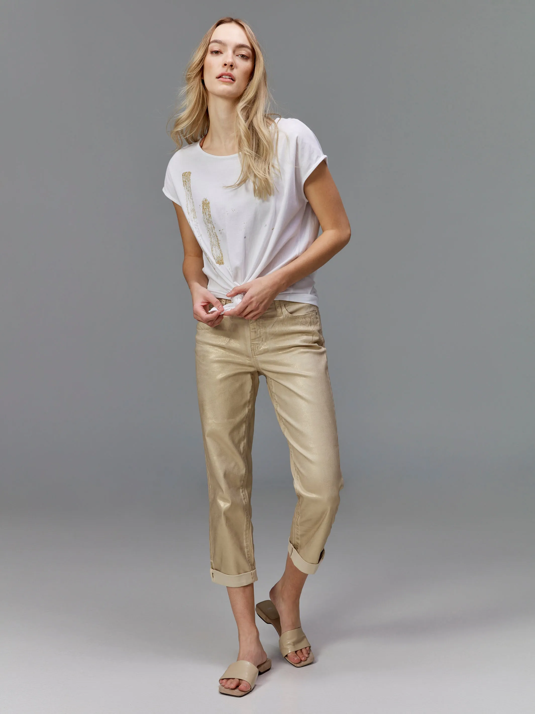 Foil Print Front Knot Top - Metallic Breathable Fit Wear Flattering Fit