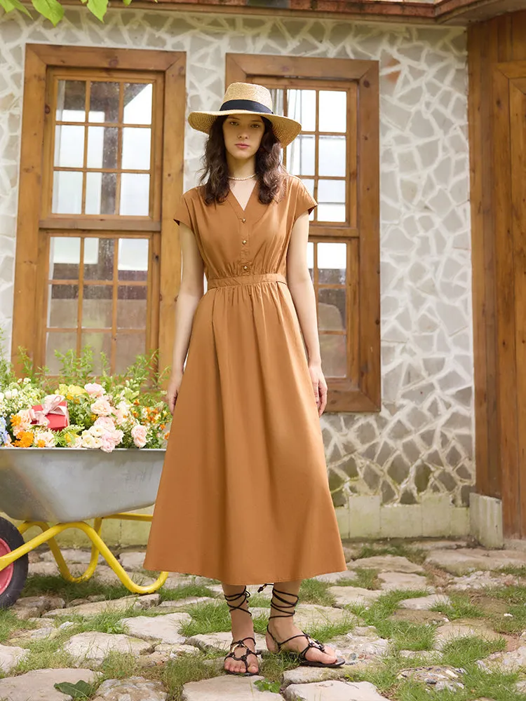 V-Neck Gathered Waist Women Maxi Dress Organic Cotton