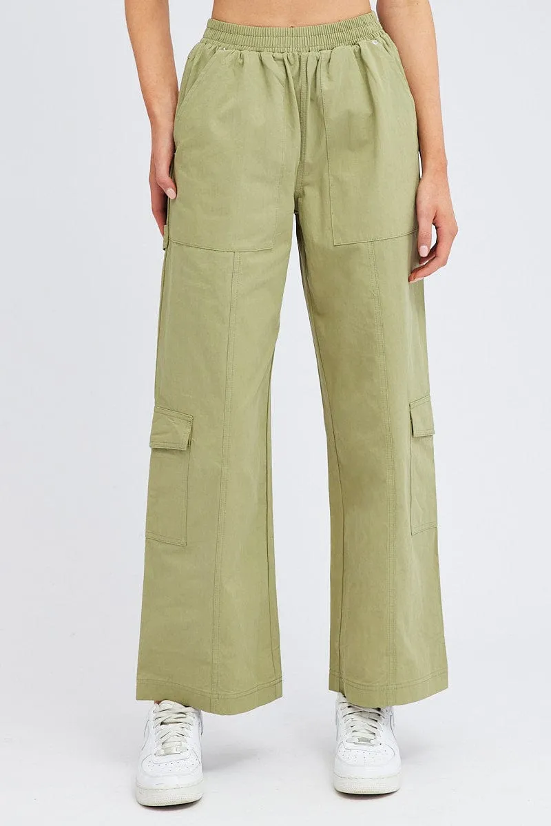 Abrasion Resistant Surface Green Cargo Pants Wide Leg