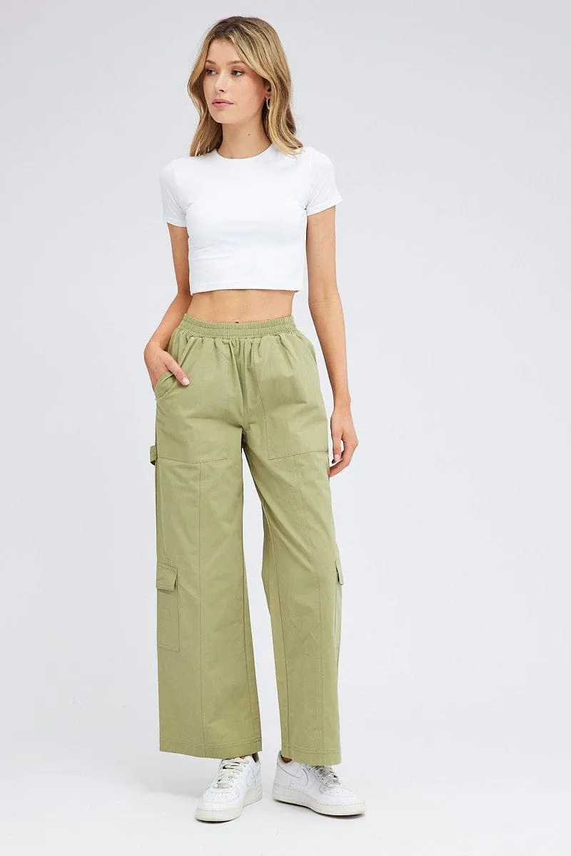 Comfort Cushioning Abrasion Resistant Material Green Cargo Pants Wide Leg