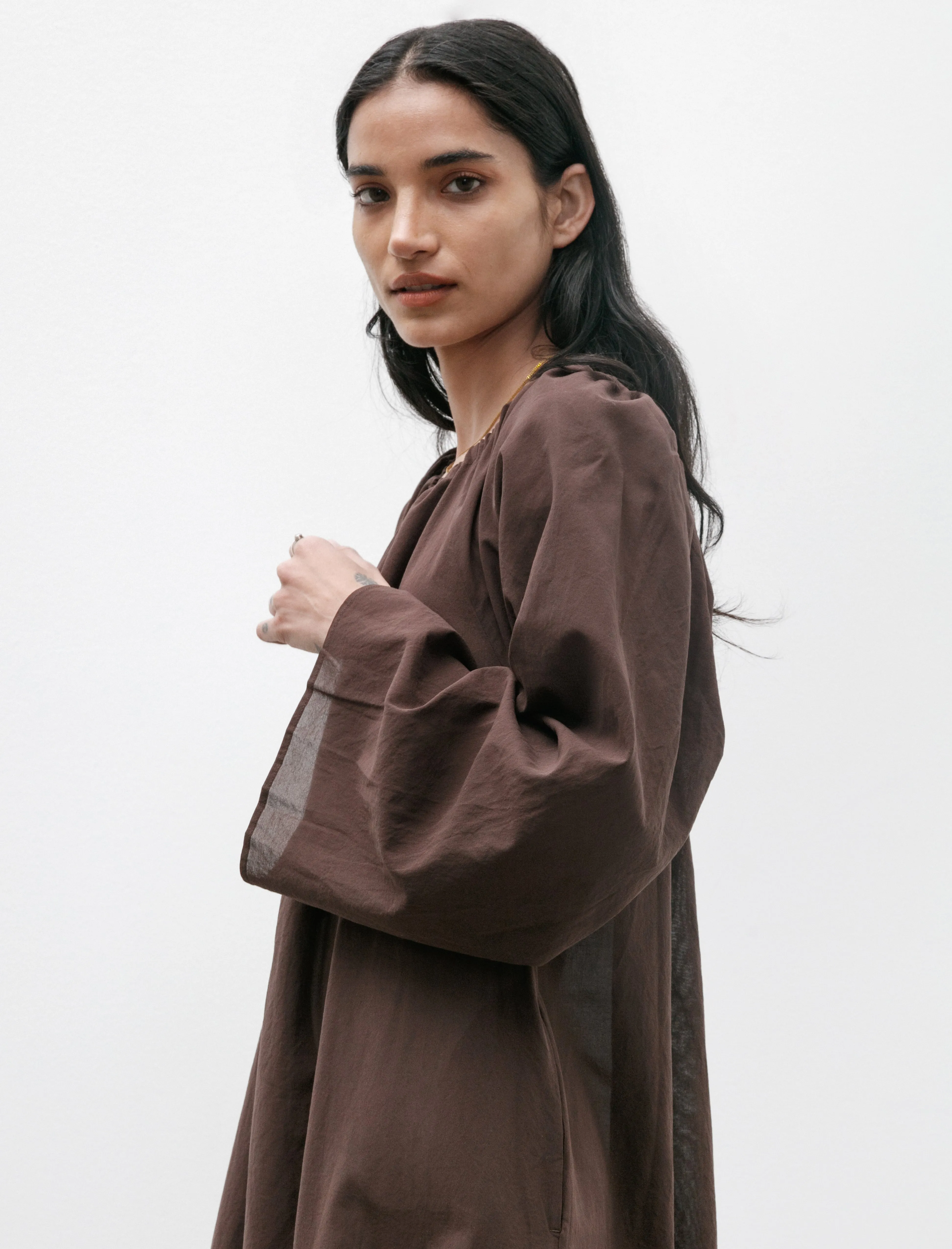 winter clothing Gathered Dress Light Cotton Dark Brown