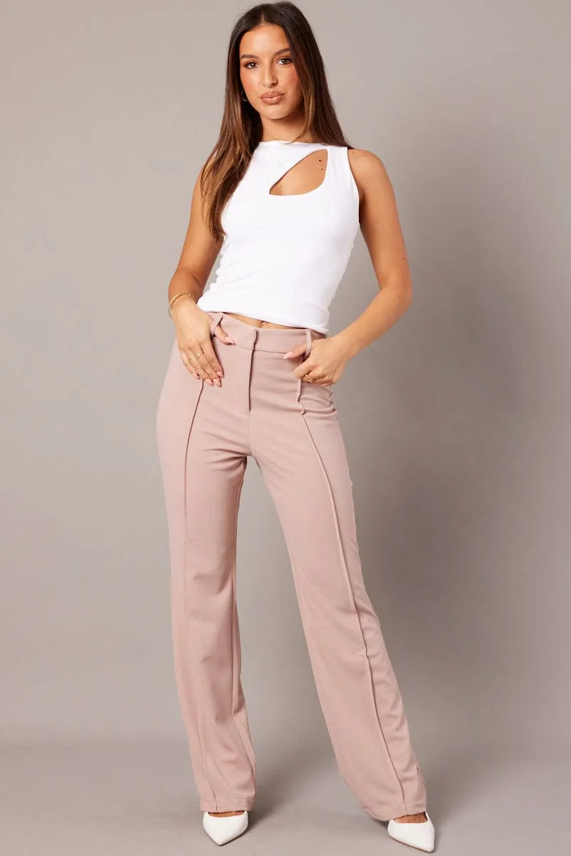 Loose cut Beige Straight Fit Pants High Rise Workwear