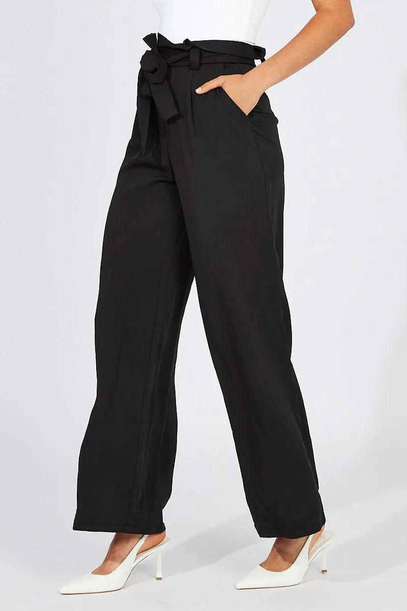 Breath Friendly Basic Stretch Black Wide Leg Pants Paper Bag Waist