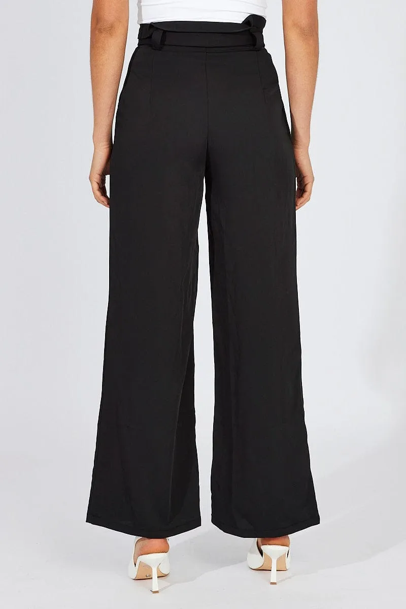 Black Wide Leg Pants Paper Bag Waist OdorResistantTreatment