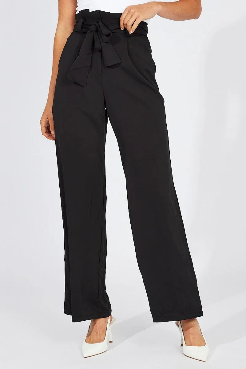 Black Wide Leg Pants Paper Bag Waist ThermalRegulatingLining Weekend Wear