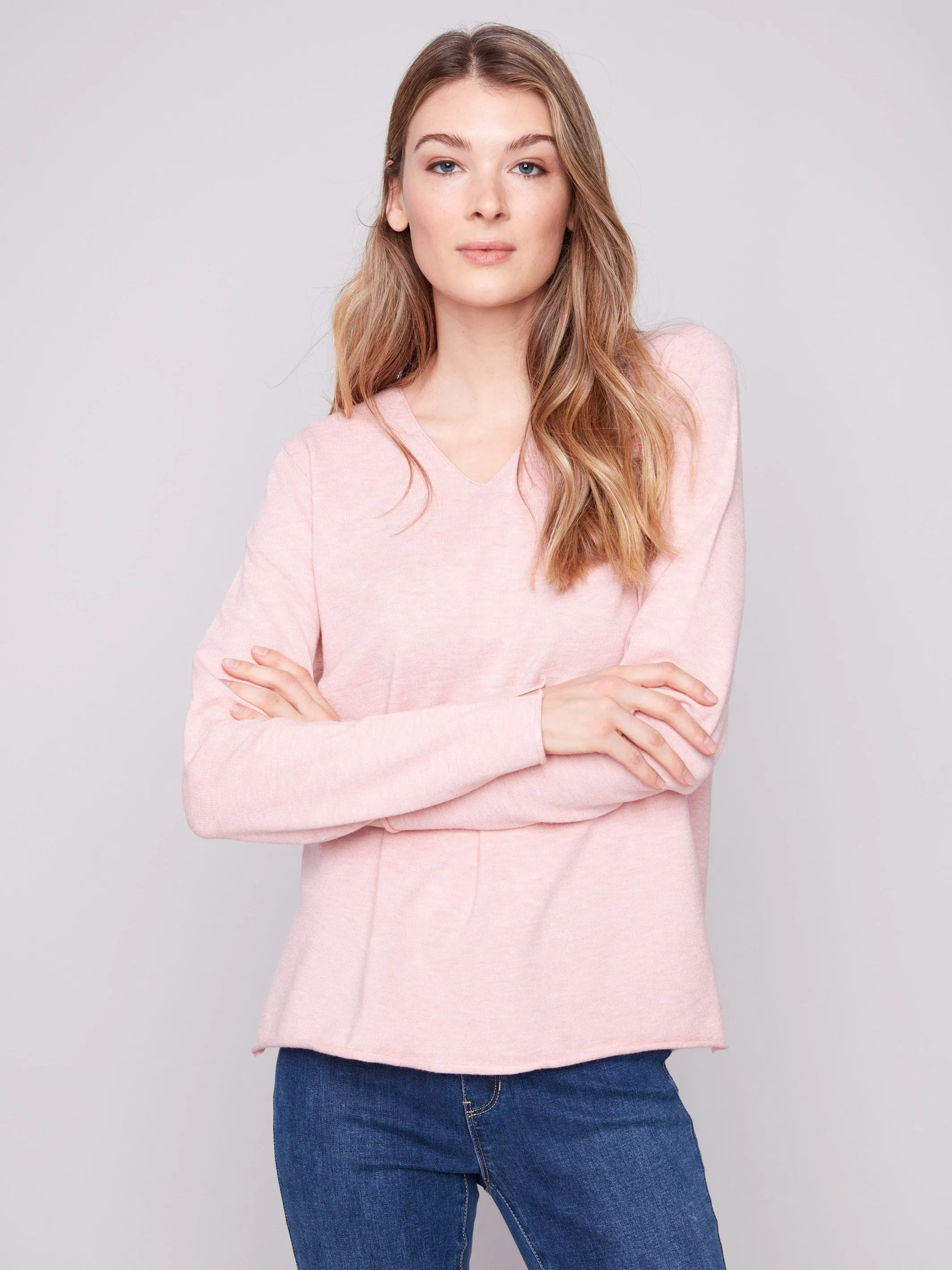Everyday Cozy Soft Knit Layer Basic V-Neck Sweater - Heather Ballet