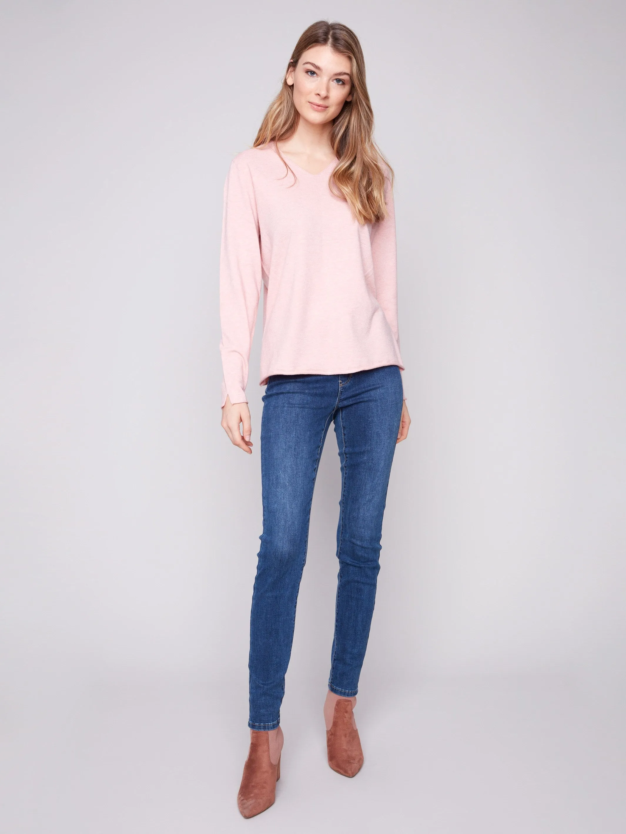 Textured Knit Layered Knit Basic V-Neck Sweater - Heather Ballet