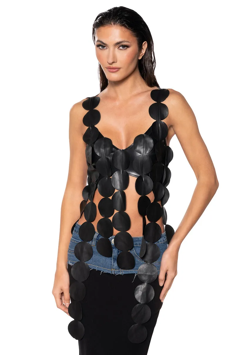 NO DISRESPECT FAUX LEATHER SLEEVELESS CROP TANK high pressure
