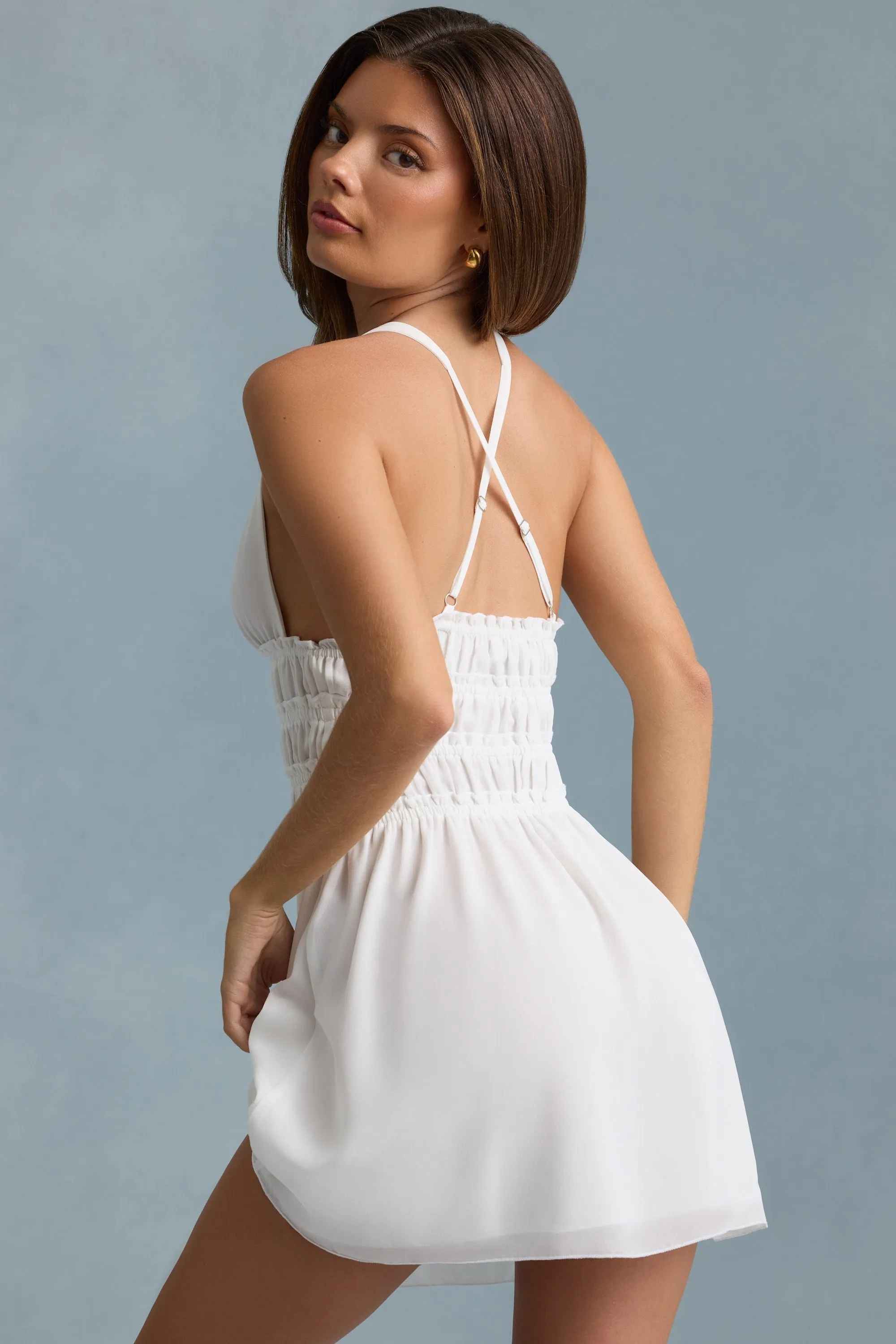 Tagless Design Plunge Cross-Back Mini Dress in White