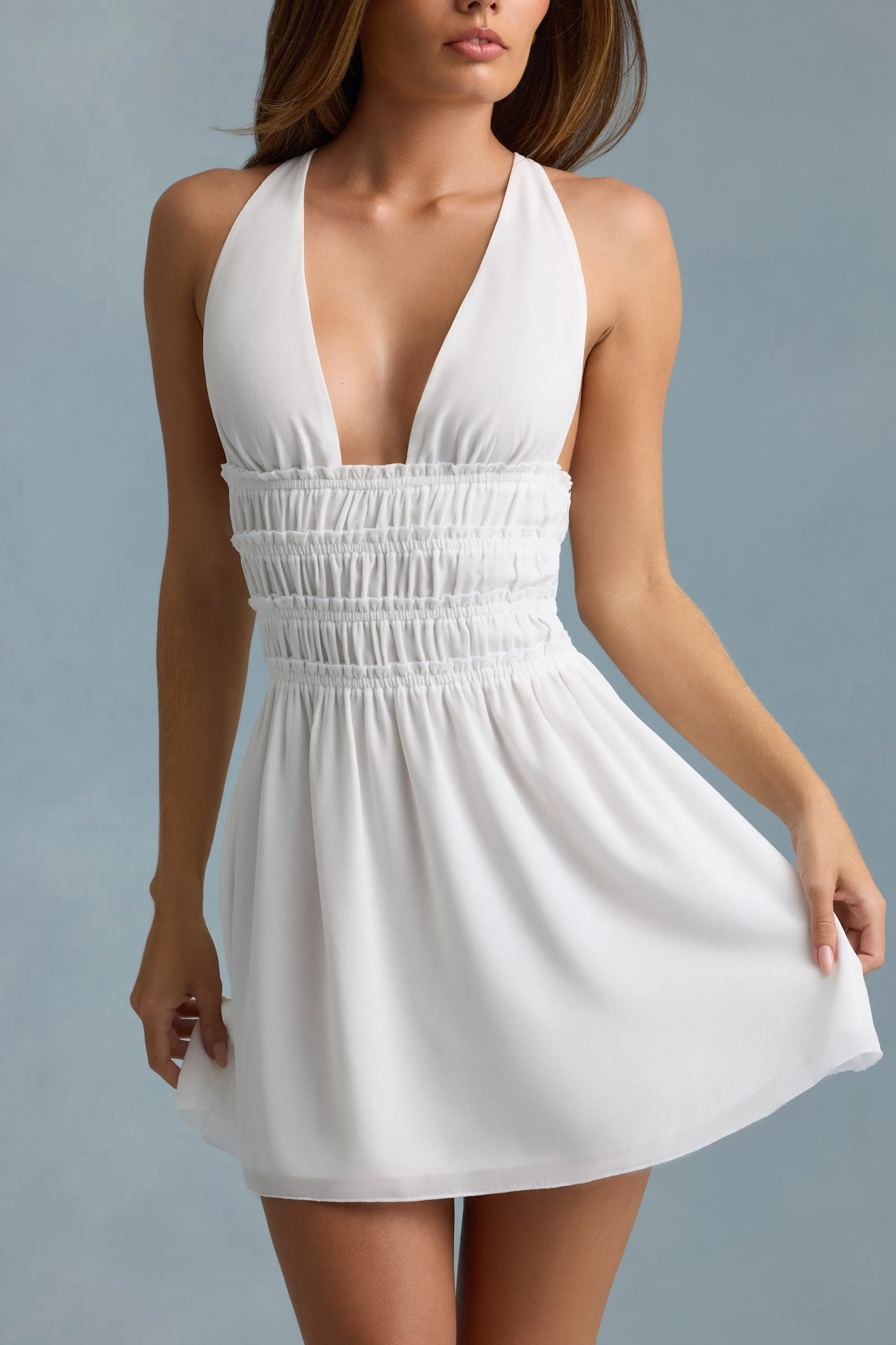 Plunge Cross-Back Mini Dress in White Playful Chic Elegant mini with floral prints