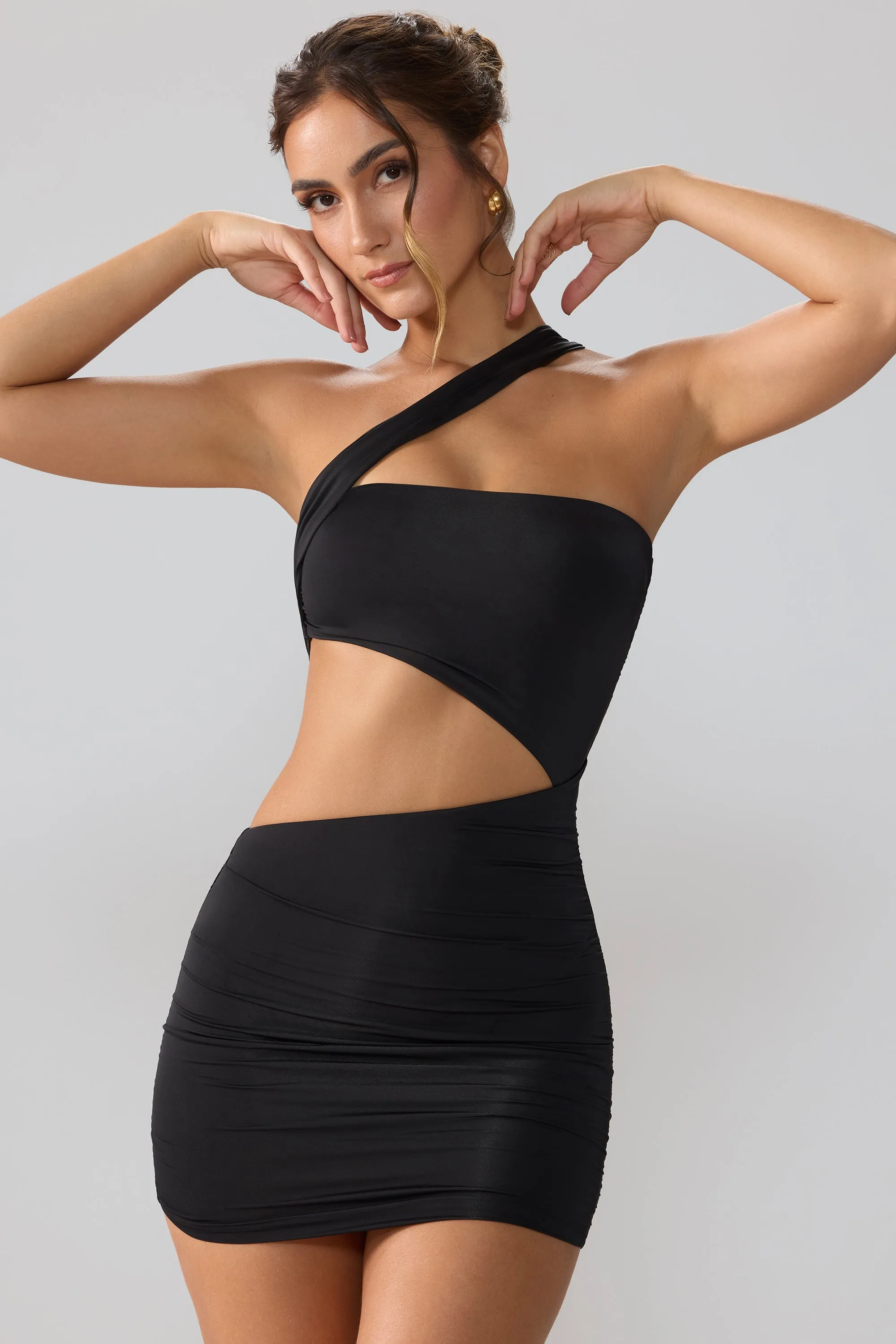Flirty Design Slinky Jersey Ruched Cut Out Mini Dress in Black