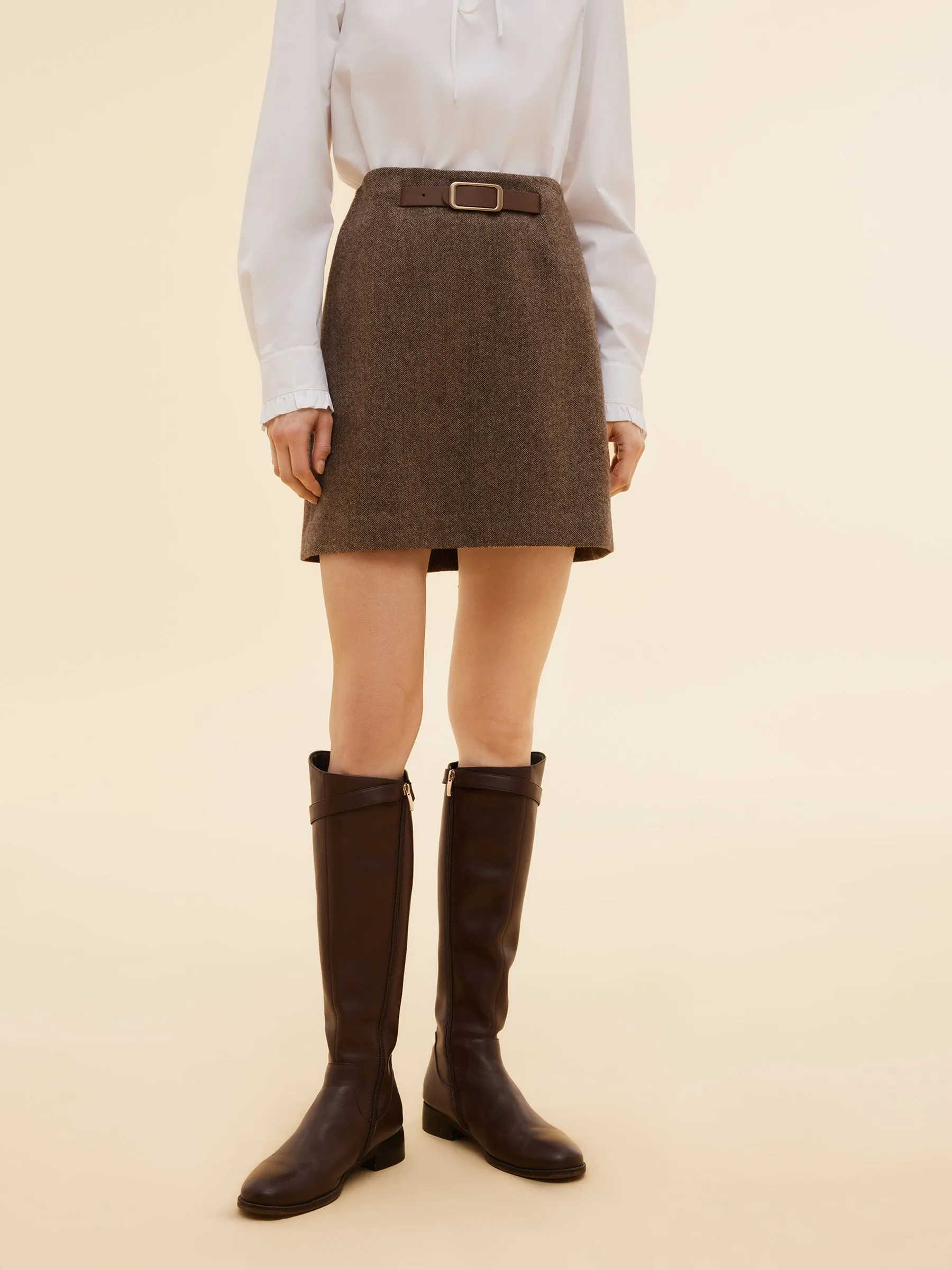 Airy Comfort 100% Washable Wool Women A-Line Skirt With Leather Belt