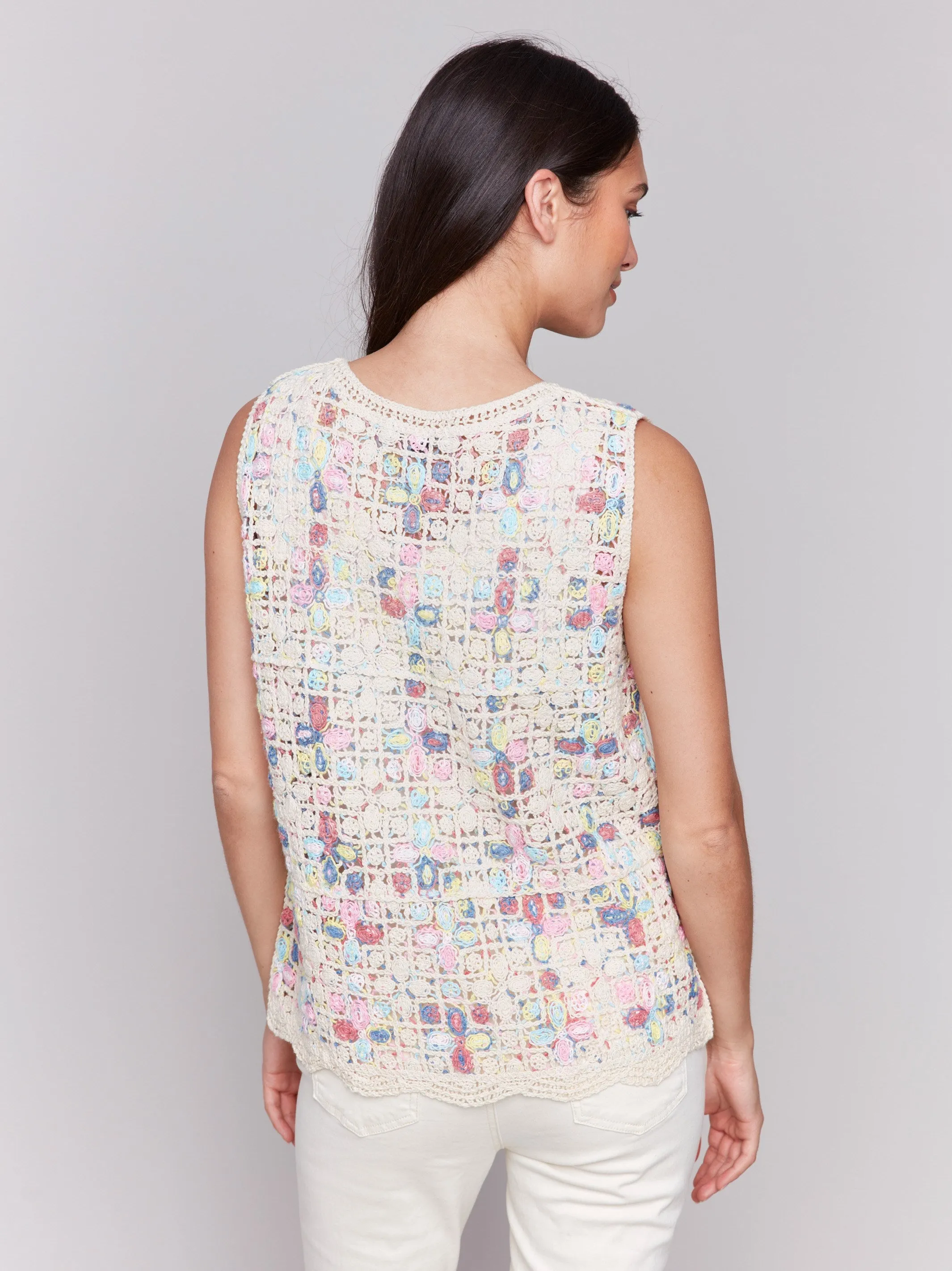Moisture Wicking Fibers Sleeveless Crochet Crew Neck Top - Natural