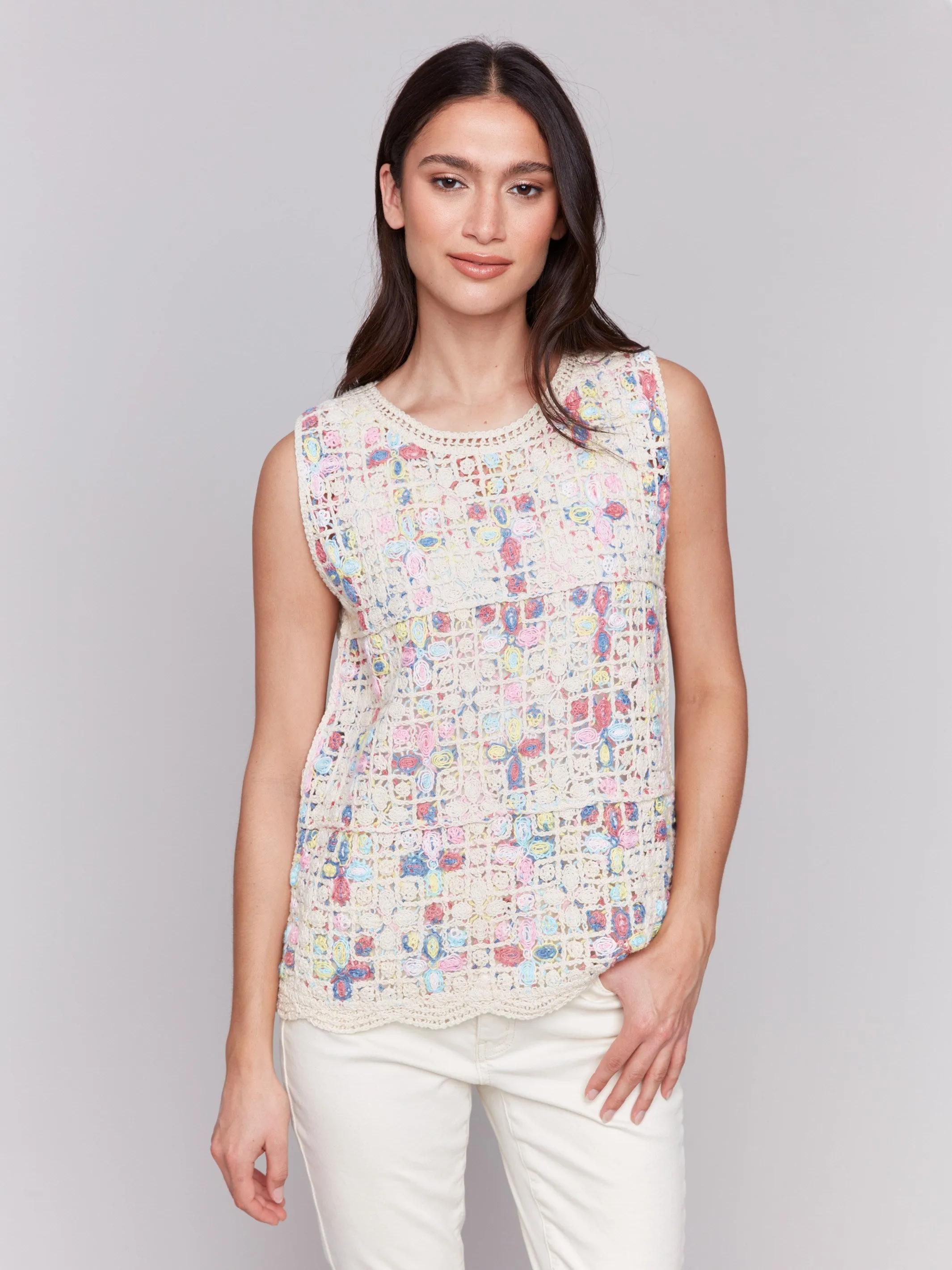 Knitted Layering Relaxed Outfit Sleeveless Crochet Crew Neck Top - Natural