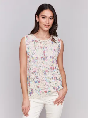 Outdoor Style Sleeveless Crochet Crew Neck Top - Natural