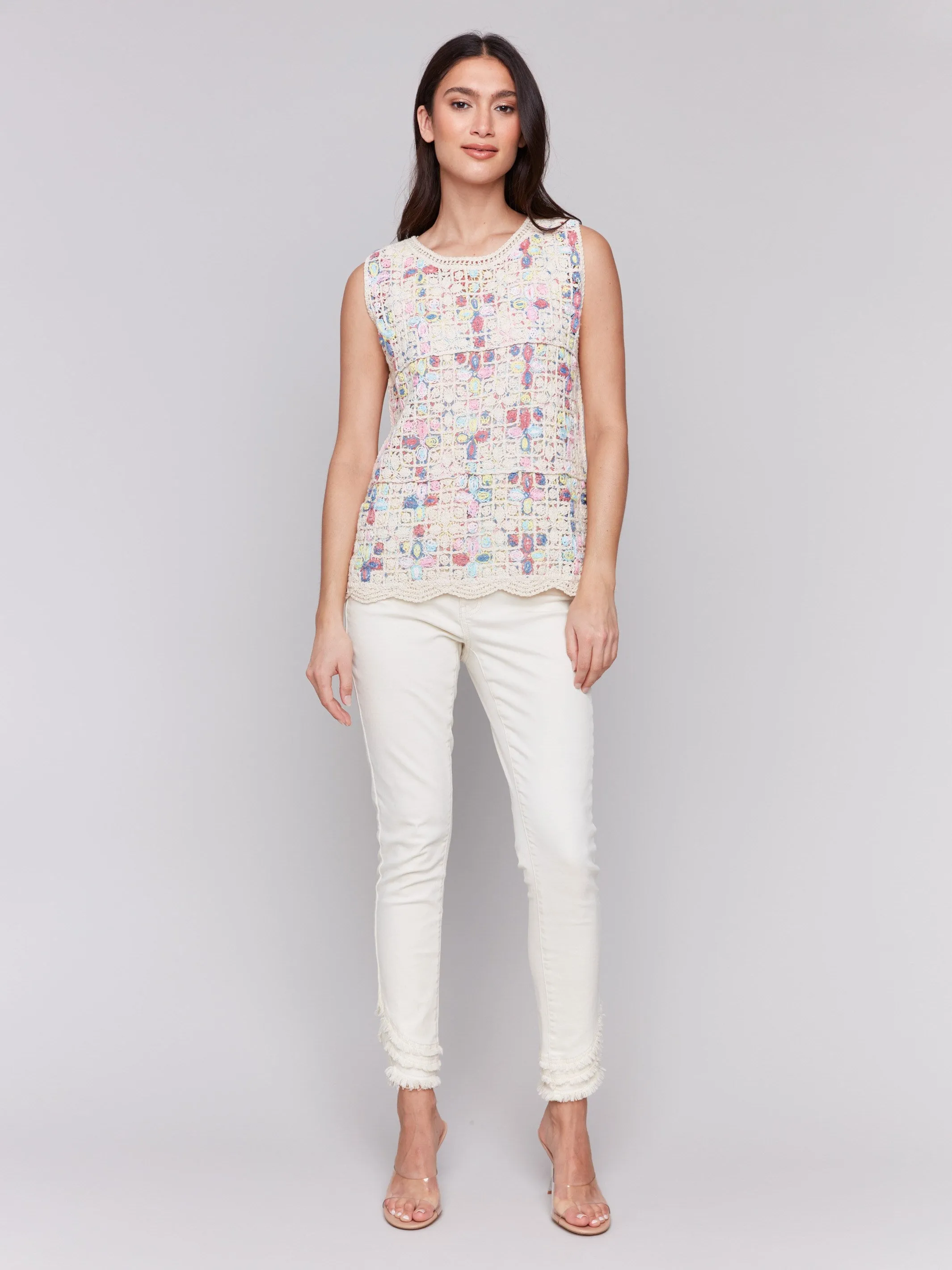 Sleeveless Crochet Crew Neck Top - Natural Thermal Lining