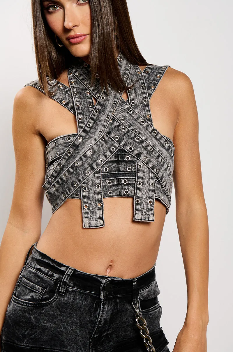 DONITA DENIM HALTER NECK CROP TOP Soft Brushed Interior Stable