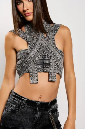 DONITA DENIM HALTER NECK CROP TOP Soft Brushed Interior Stable