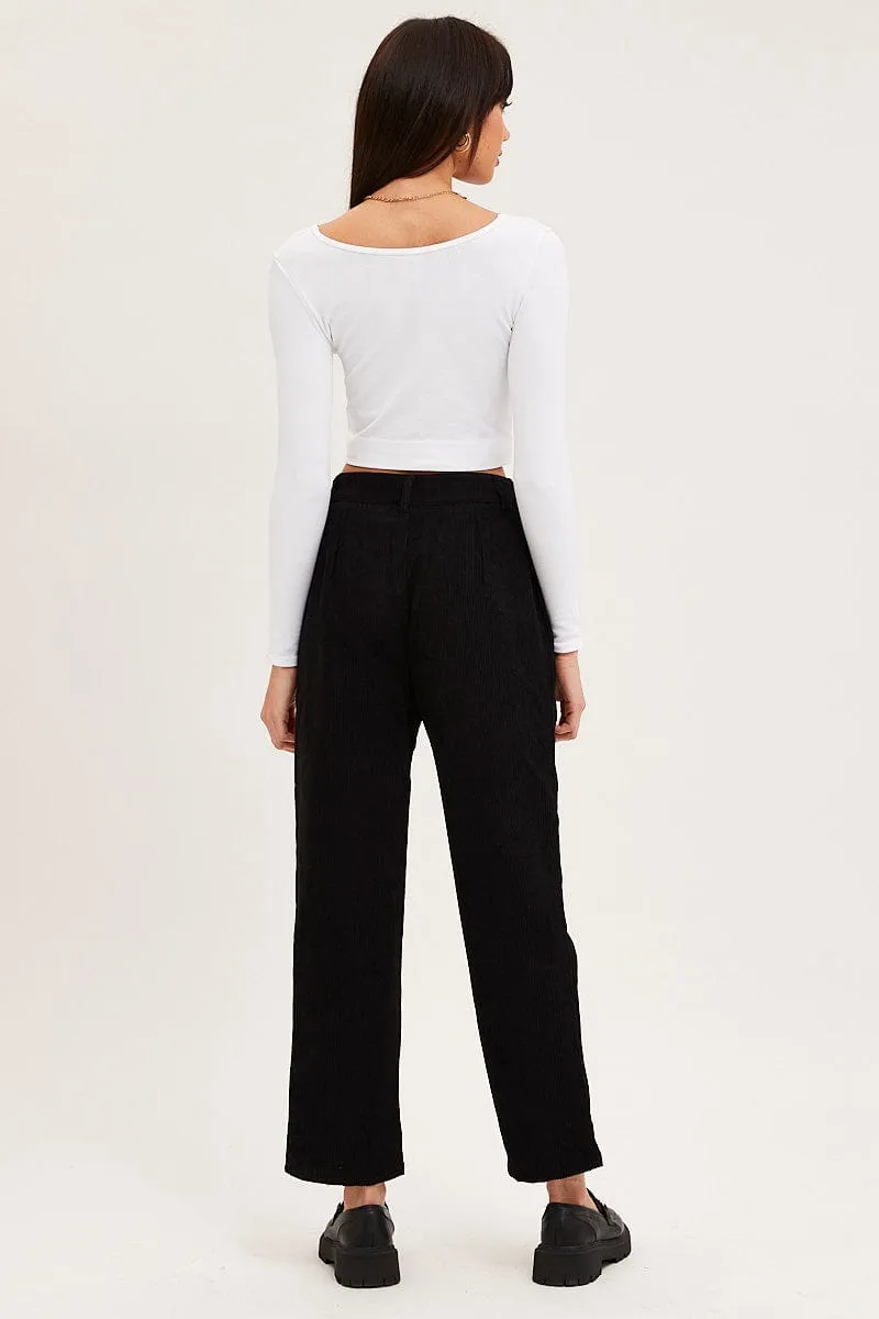 hypoallergenic Light and Cozy Black Wide Leg Pants Mid Rise Corduroy