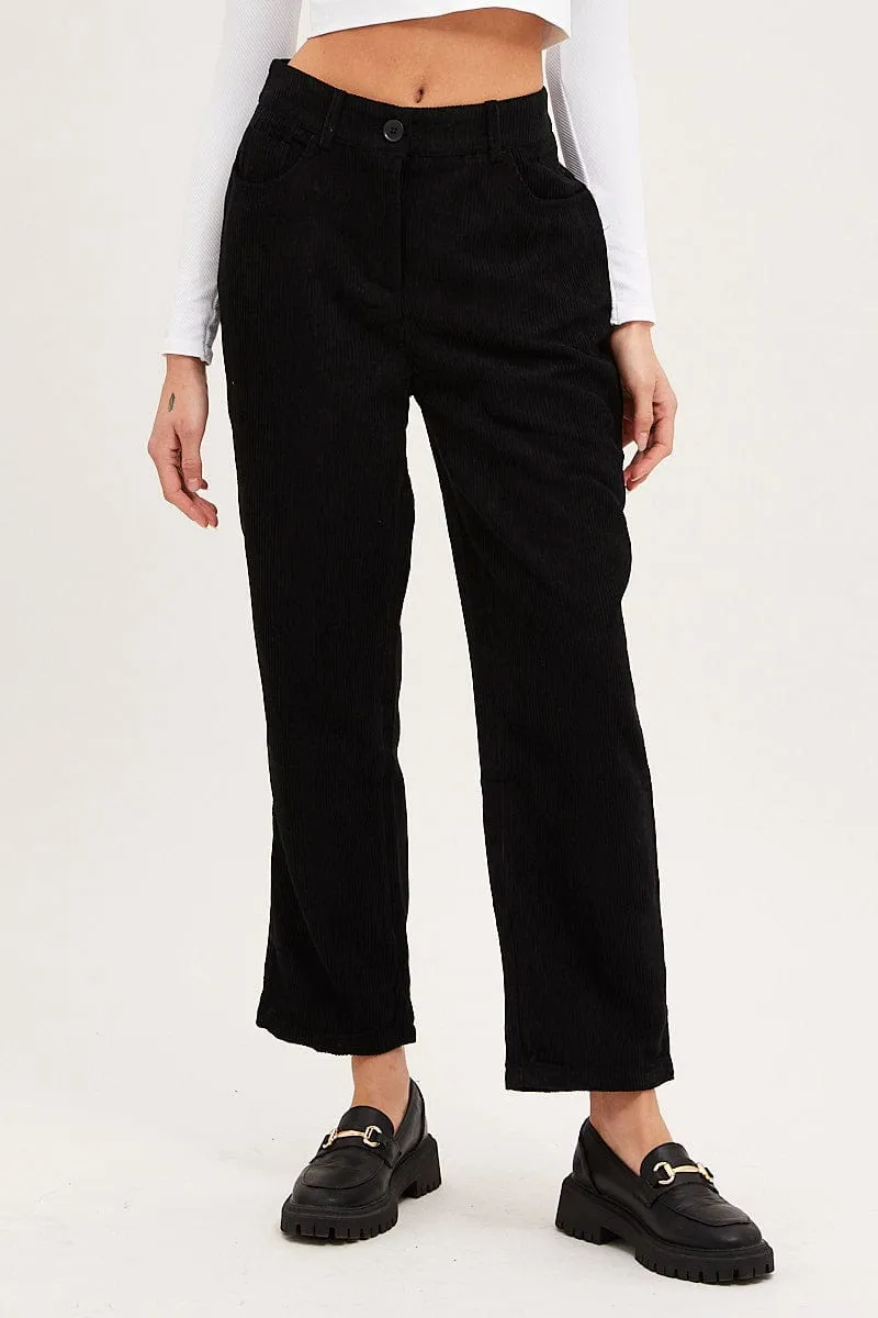 Black Wide Leg Pants Mid Rise Corduroy Durable Fit Abrasion Resistant Panels