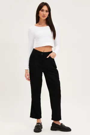 Black Wide Leg Pants Mid Rise Corduroy Quick Drying Sporty Comfort Fit