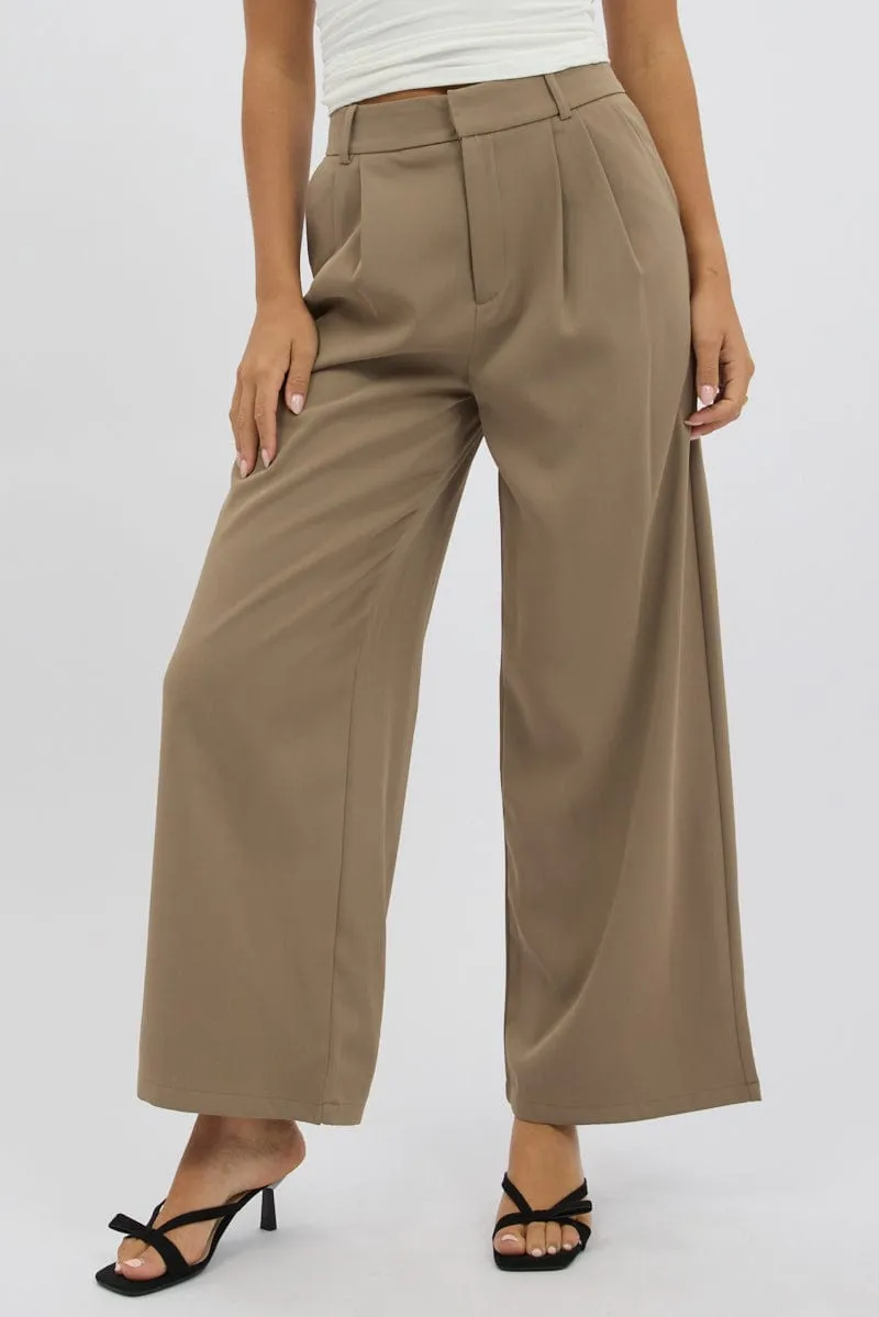 Beige Tailored Pants Mid Rise Flexible Fit HighRiseWaistband