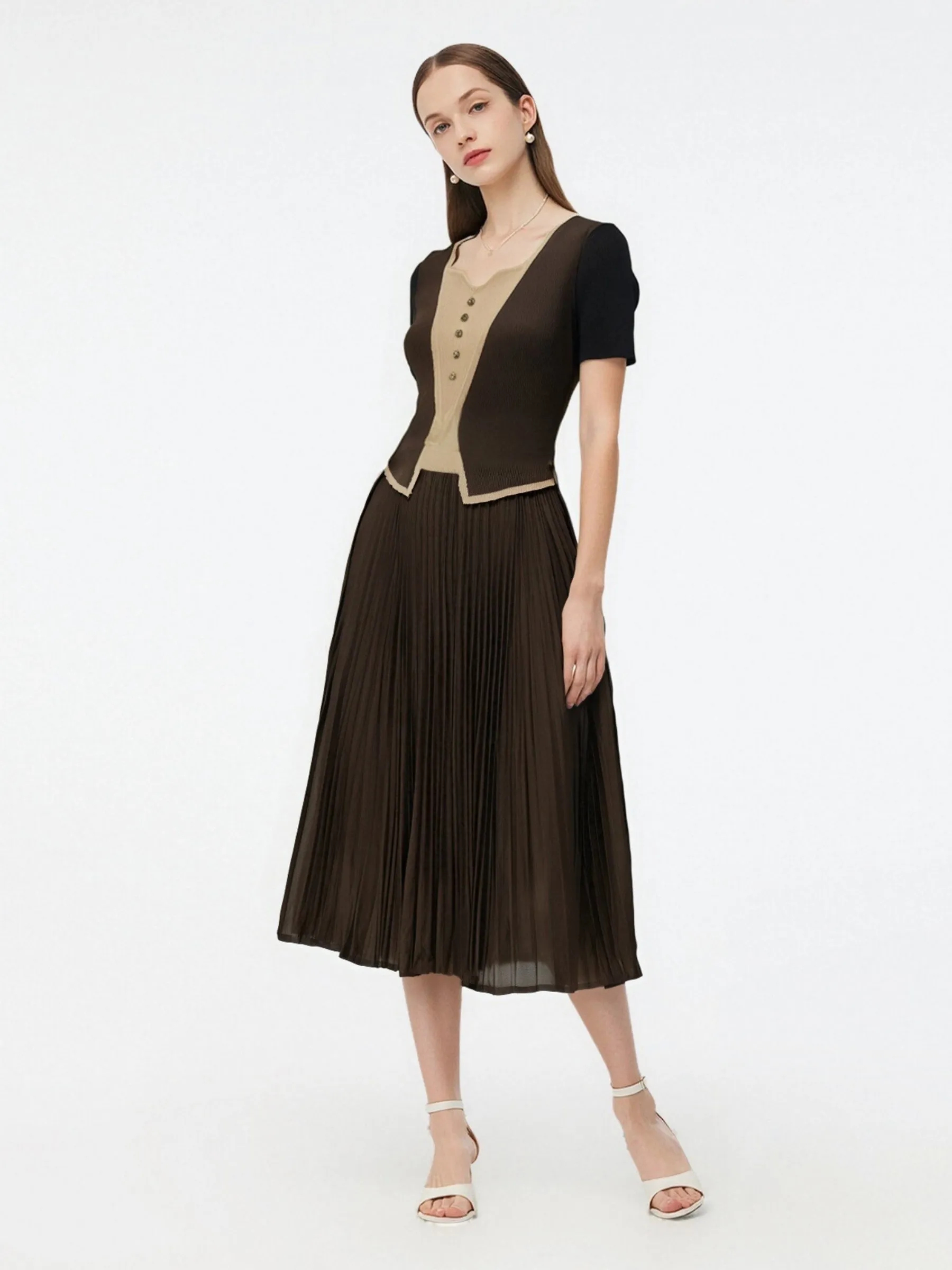 Mock Layered Women Pleated Maxi Dress Eco Core Casual Look