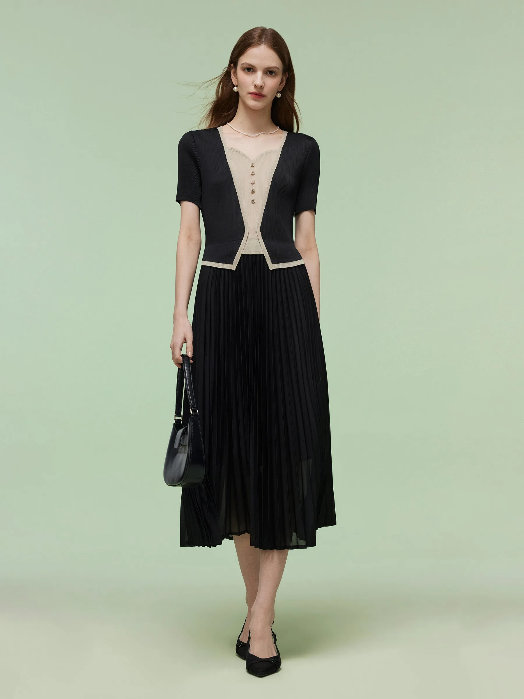 Vegan Mood Stylish accessories Mock Layered Women Pleated Maxi Dress