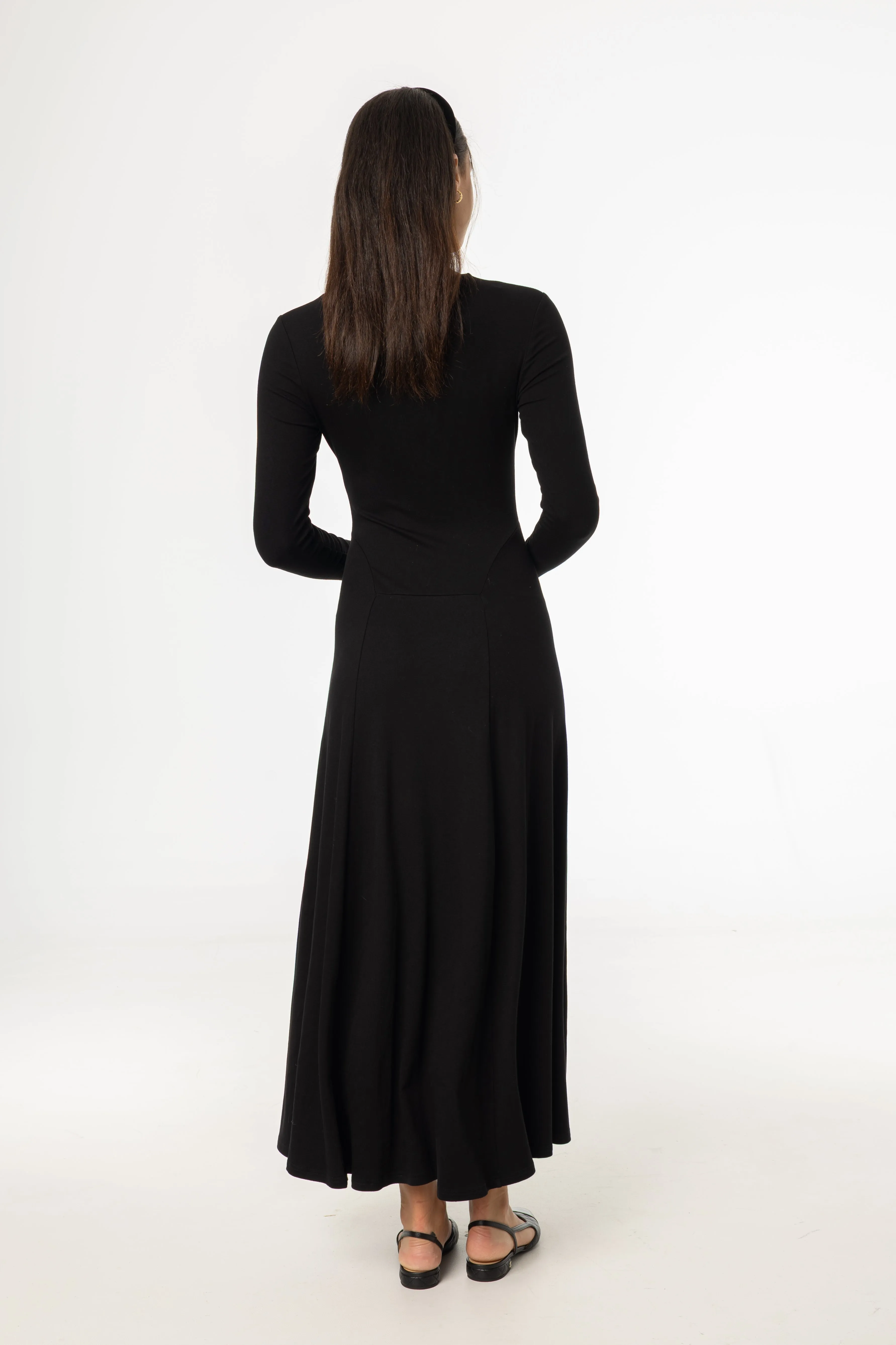 AntiStatic Lining Black Front Ruched Maxi Dress