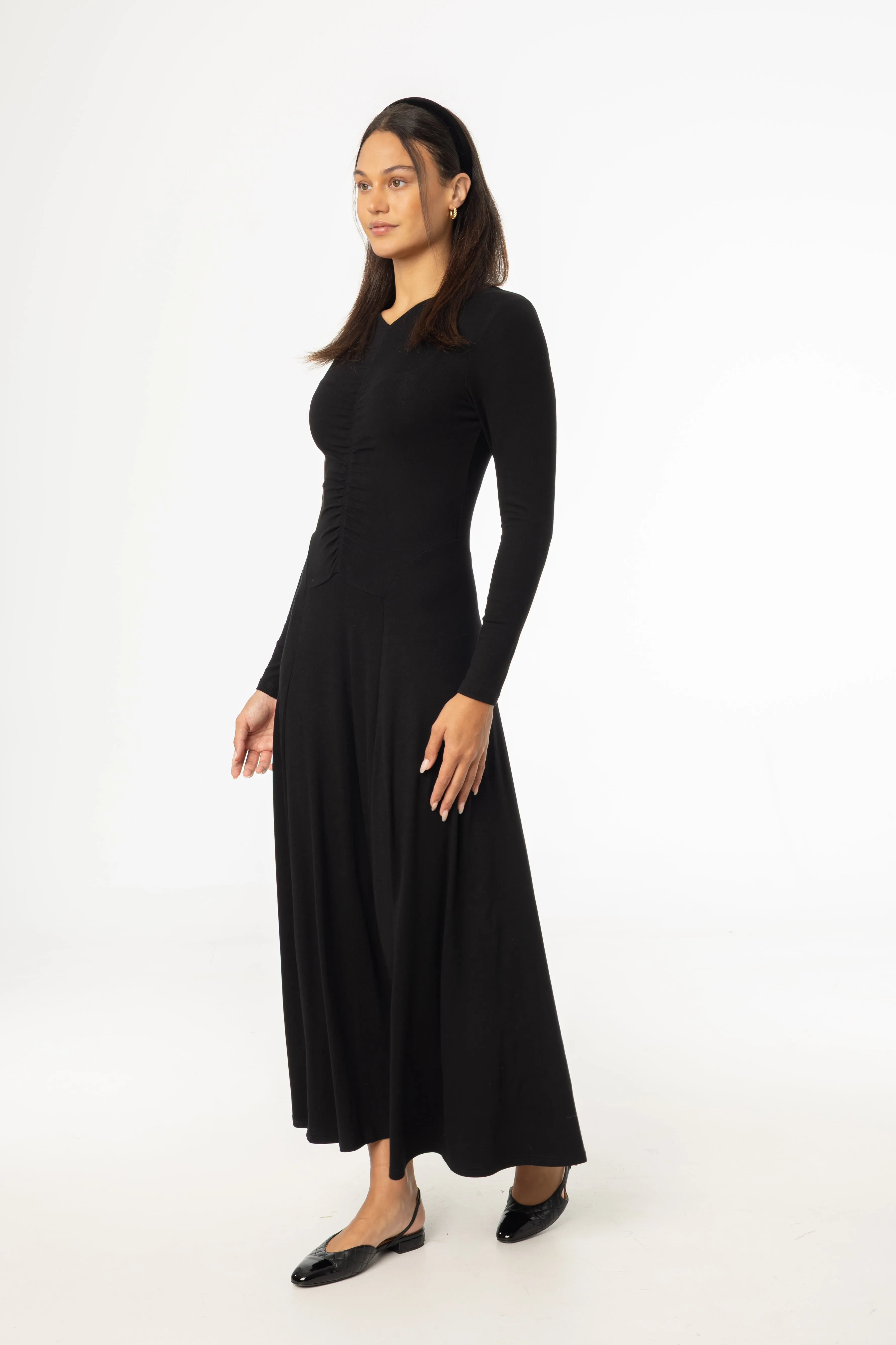 Antistatic Black Front Ruched Maxi Dress