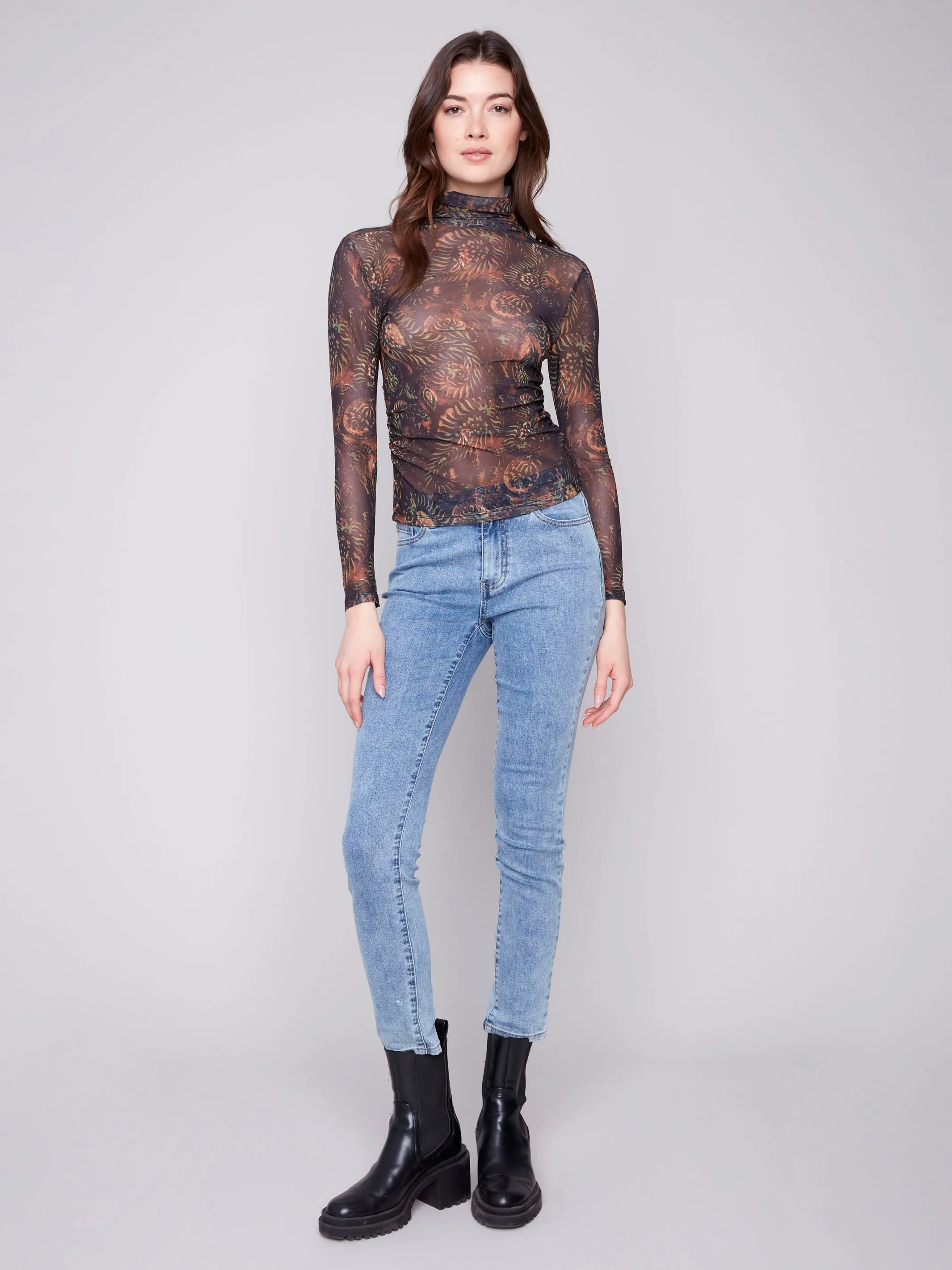 Office Wear Wrinkle Resistant Finish Printed Mock Neck Mesh Top - Spruce